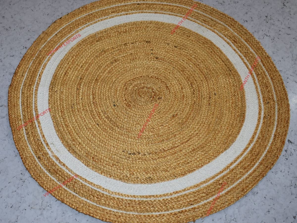 Vipanth Natural Jute Rug Handmade Round Area Rug - 9 Feet (108x108 Inches) Braided Home Decor Rug in Beige & White - Perfect for Living Room, Bedroom, or Boho Chic Interior Design