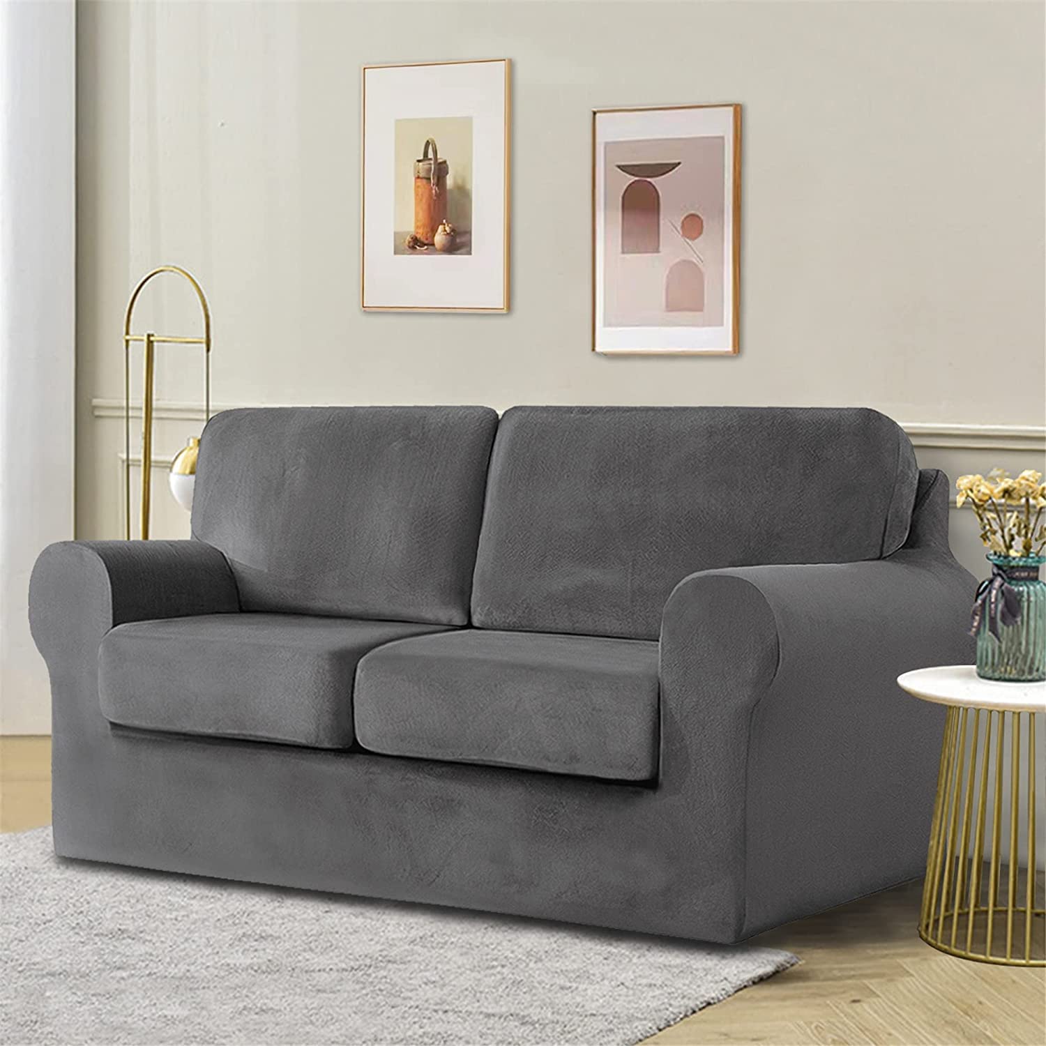 YYHSND 5-Piece Stretch Velvet Sofa Cover Set - 2 Seater Couch Slipcover for Loveseat with Separate Backrests & Cushion Cover | Elastic Band & Soft Fabric | Dark Grey | Perfect for Living Room, Bedroom & Home Decor