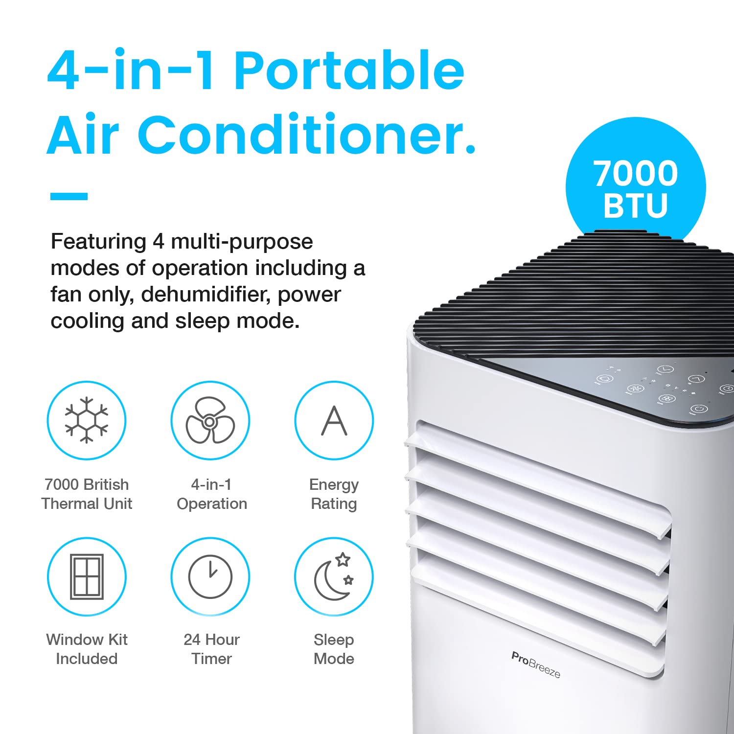 Pro Breeze 4-in-1 Portable Air Conditioner 7000 BTU - Energy Efficient Cooling Unit with Remote Control, 24H Timer & Window Vent Kit - Perfect for Bedroom, Office & Small Spaces