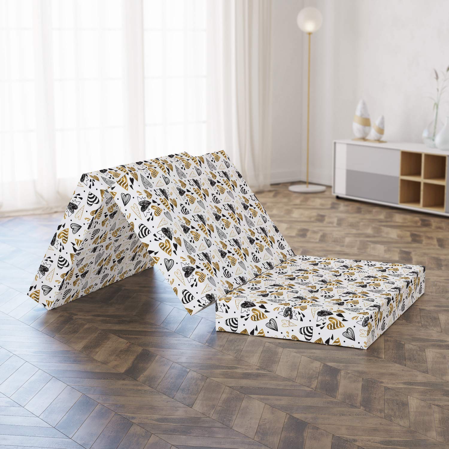 Ambesonne Love Foldable Mattress - Hand Drawn Scribble Hearts Design, 74.8