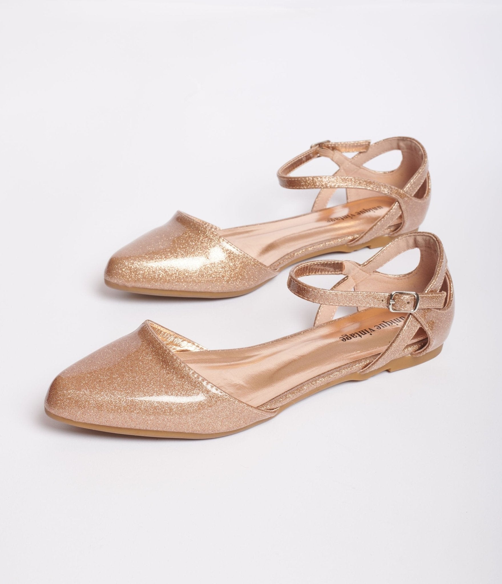 Unique Vintage Champagne Glitter Libby Flats - Elegant Women's Comfortable Ballet Flats for Parties, Weddings & Special Occasions