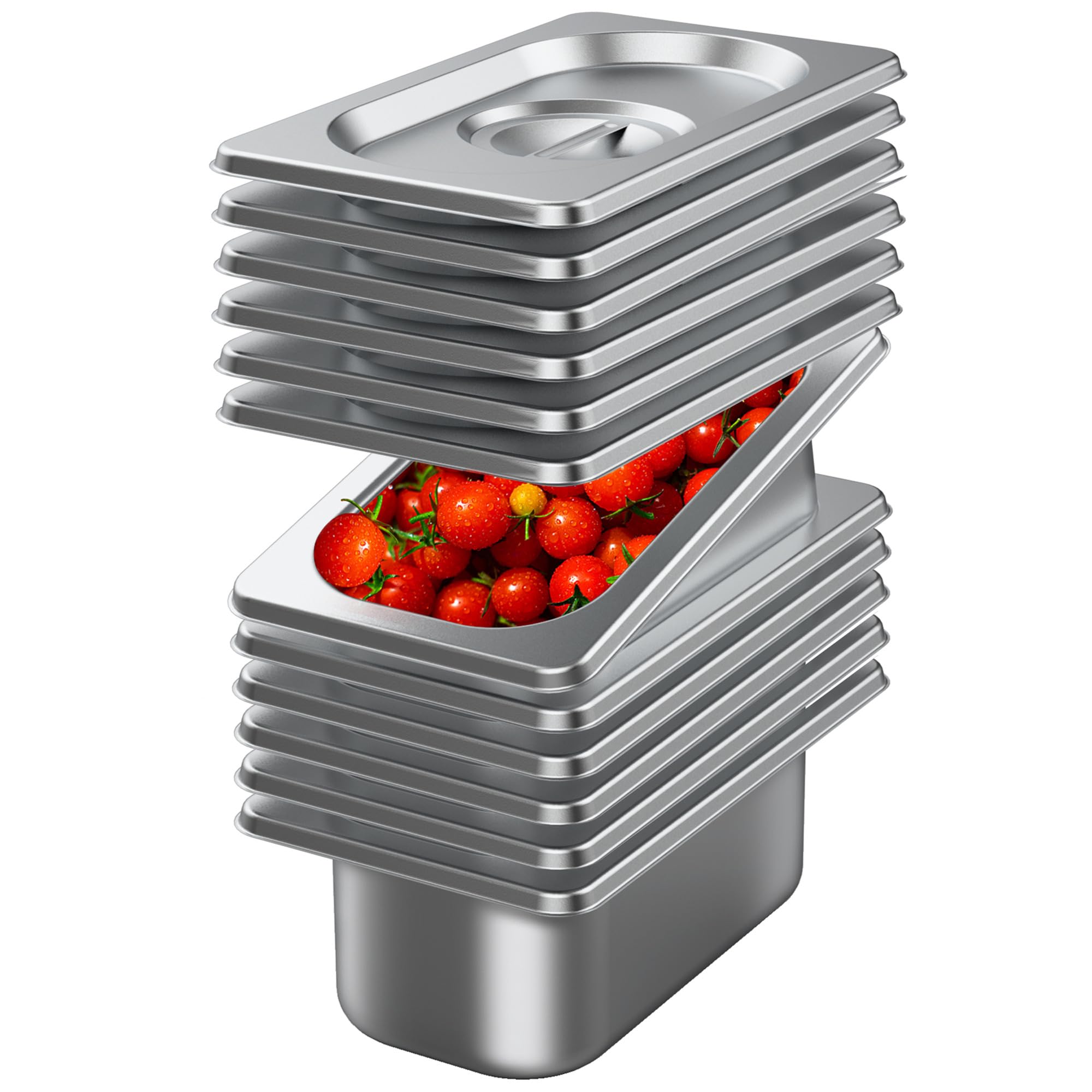 6 Pack Stainless Steel 1/9 Size Hotel Pans with Lids - 2.5 Inch Deep Commercial Food Steam Table Trays for Buffet, Catering & Restaurant Use - Durable Metal Kitchen Pans for Food Warming, Serving & Storage