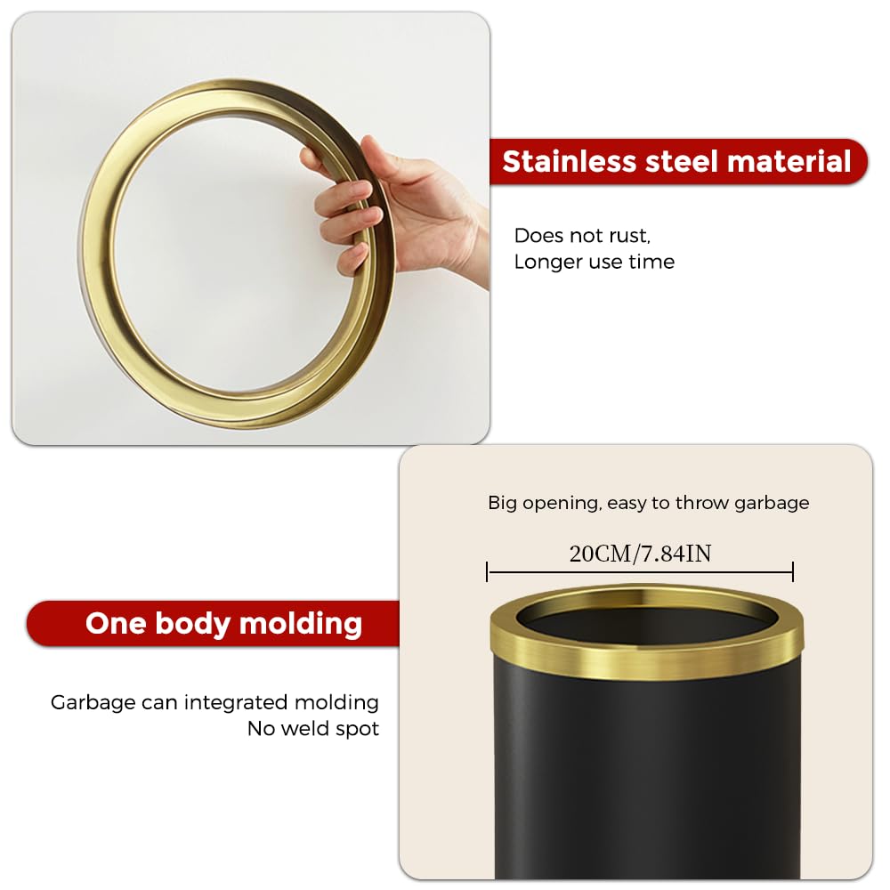9L/2.4GAL Stainless Steel Gold Bathroom Trash Can - Open Top Garbage Bin Without Lid - Small Gold & Black Waste Basket for Bathroom, Kids Room, Hotel, Office - Perfect for Home, Commercial & Hospitality Use (Black)