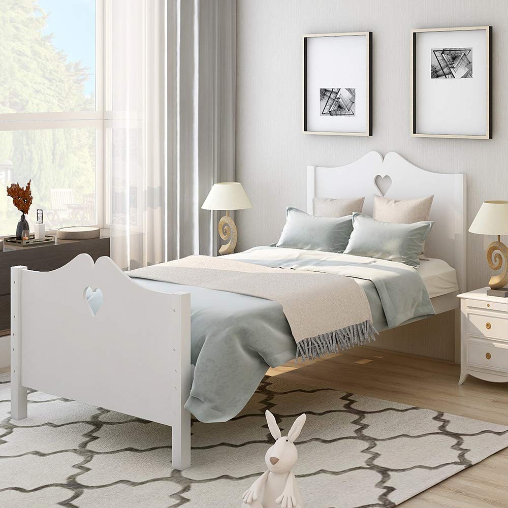 Twin Size Wooden Platform Bed Frame with Headboard & Footboard - Sturdy 10-Slat Support, Perfect for Kids, Girls & Boys Bedroom (White) - Ideal for Small Spaces, Dorm Rooms & Cozy Bedrooms
