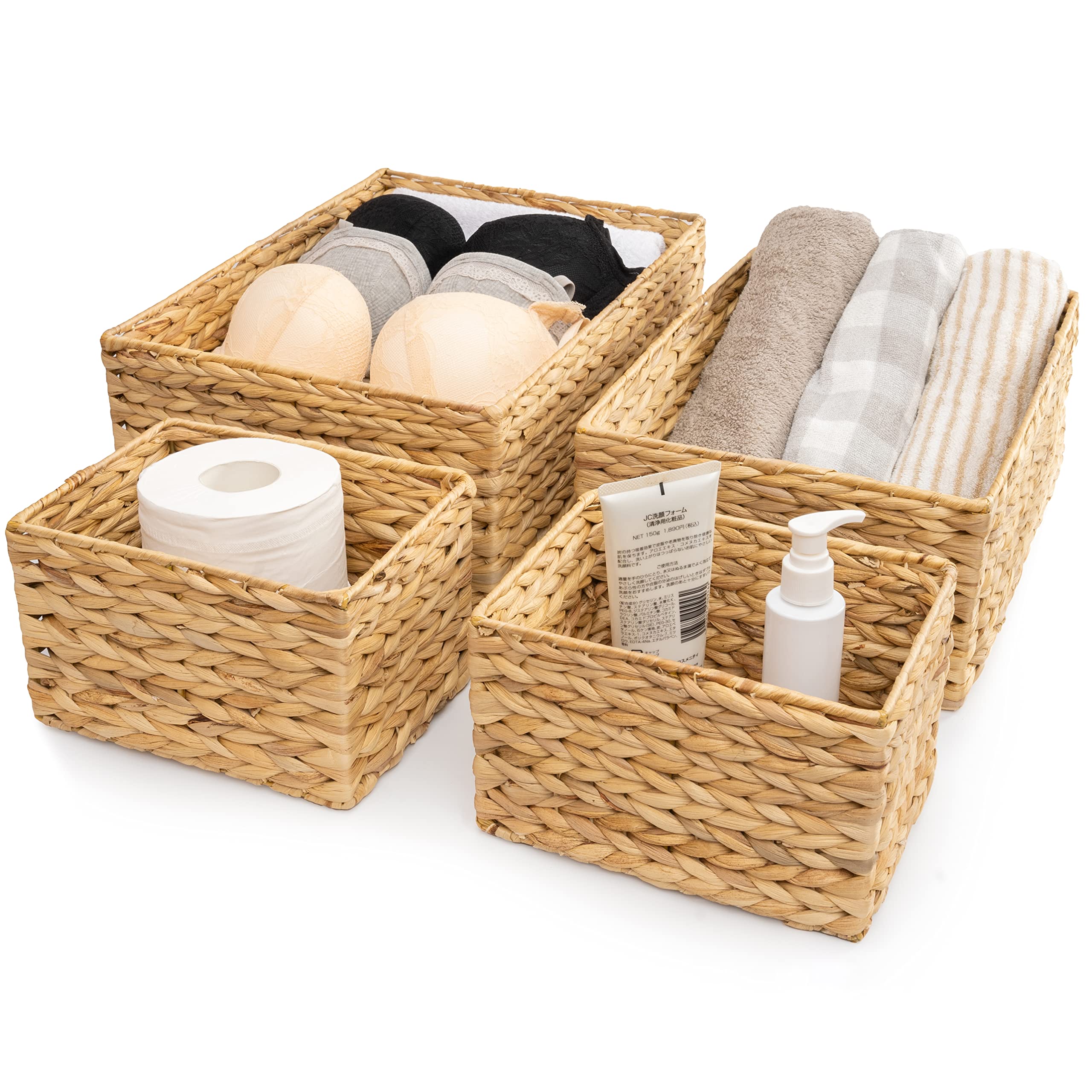 Water Hyacinth Storage Baskets Set of 4 - Rectangular Woven Wicker Bins for Pantry, Bathroom & Closet Organization - Natural Decorative Baskets for Shelves, Vanity & Home Decor - Perfect for Craft Supplies, Towels & Toiletries Storage
