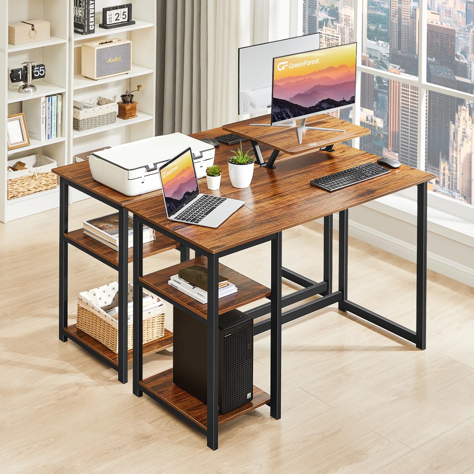 GreenForest 47-inch Computer Desk with Monitor Stand - Modern Home Office Desk with Reversible Storage Shelves, Study Writing Work Table, Easy Assembly, Walnut Finish - Perfect for Small Spaces & Remote Work Setup