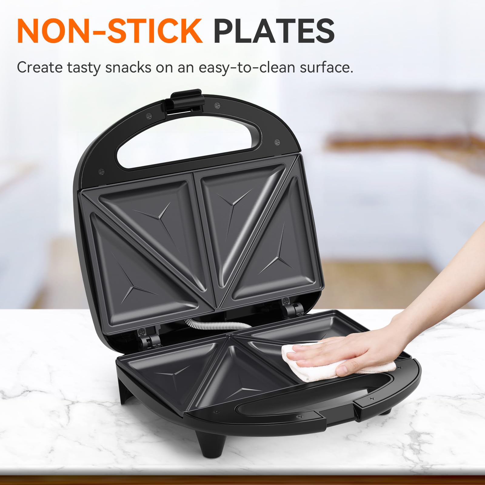 ABS07 Triangle Sandwich Maker - 2 Slice Non-Stick Grilled Cheese Press with Indicator Lights, Cool Touch Handle & Easy Clean Design (750W) - Perfect for Breakfast, Snacks & Quick Meals at Home/Office