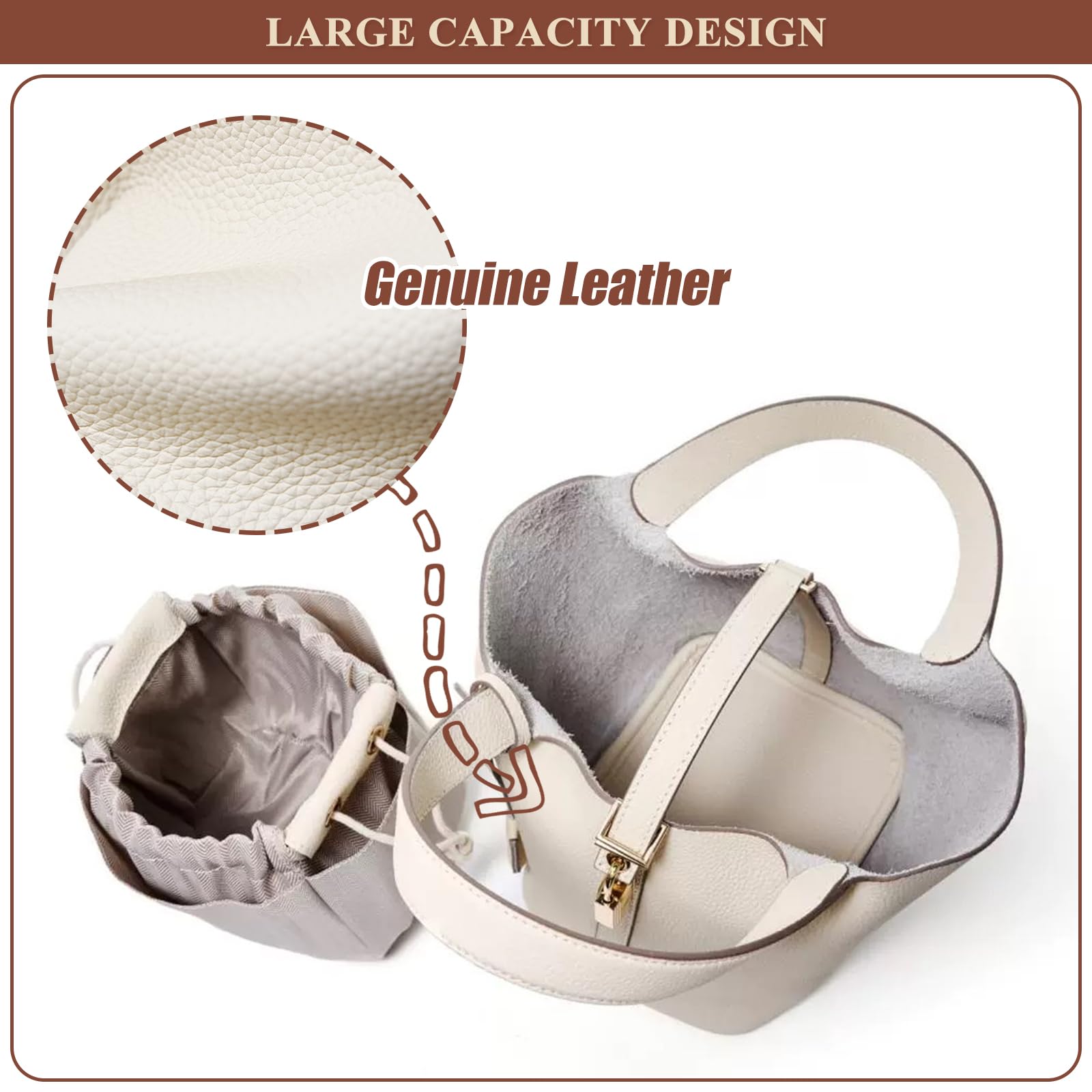 Genuine Leather Bucket Bag for Women - Stylish Lock Design Small Satchel Purse Handbag - Soft Shoulder Bag for Daily Casual Use, Work, Travel & Shopping