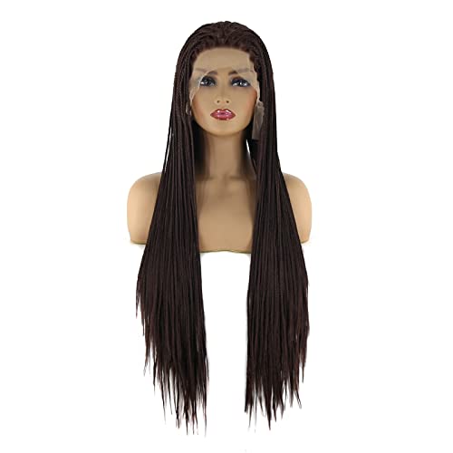 BTWTRY Dark Brown Micro Braided Synthetic Lace Front Wig - Heat Resistant Fiber #6 Box Braids for Black Women & African American Hair - 24 Inch Protective Style for Everyday Wear, Parties & Special Occasions