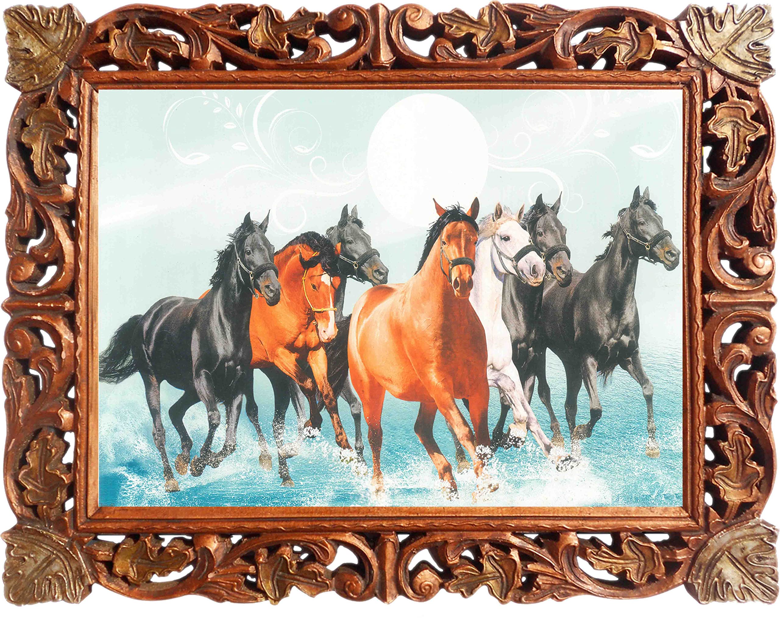 Seven Running Horses in Water Poster Print - Handcrafted Wood Framed Wall Art for Vaastu Shastra, Feng Shui Home & Office Decor - Brings Peace, Harmony & Success | Perfect for Living Room, Bedroom or Workspace