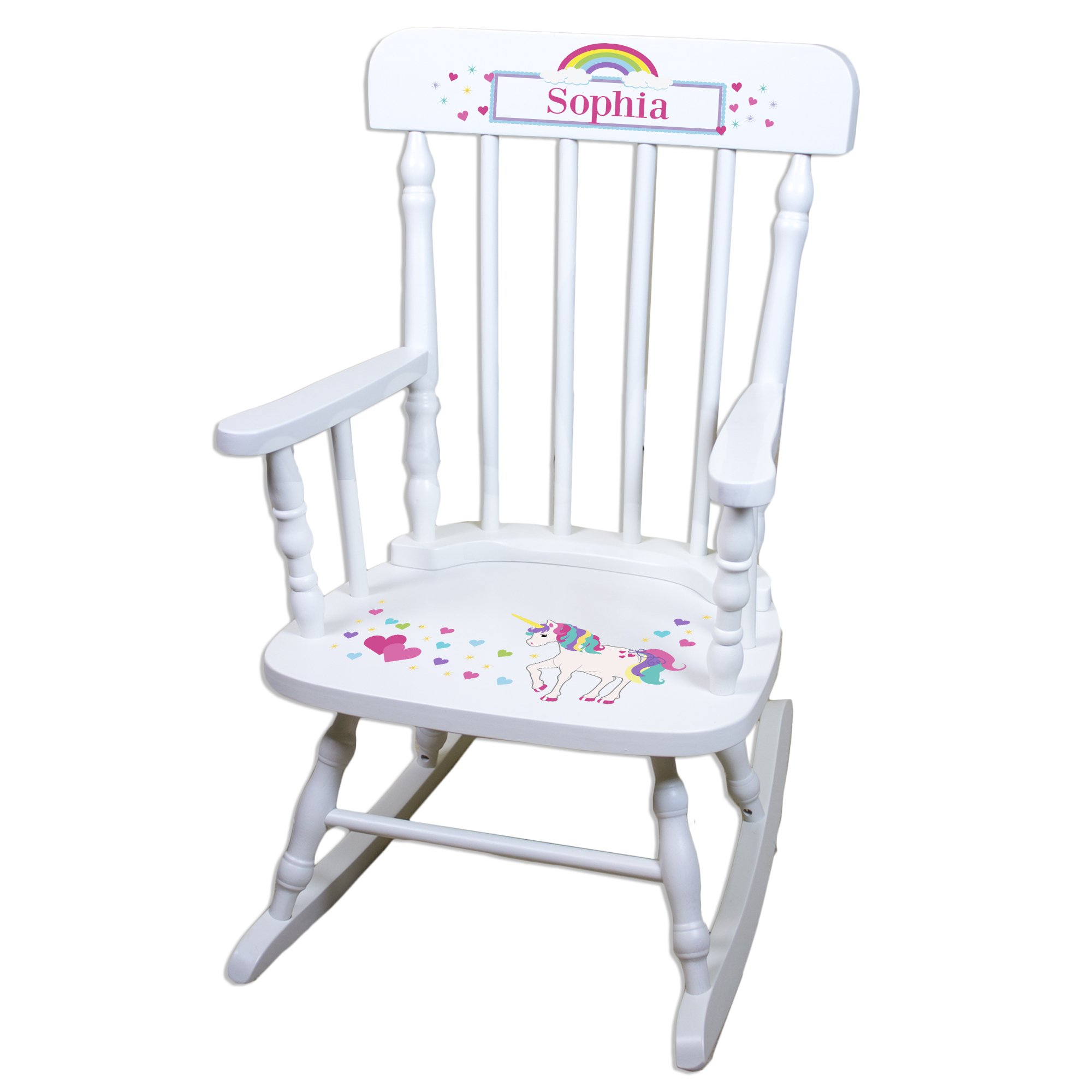 Personalized White Wood Rocking Chair for Girls - Unicorn Design Baby Gift for Toddlers | Nursery Decor, First Birthday Present, Kids Room Furniture