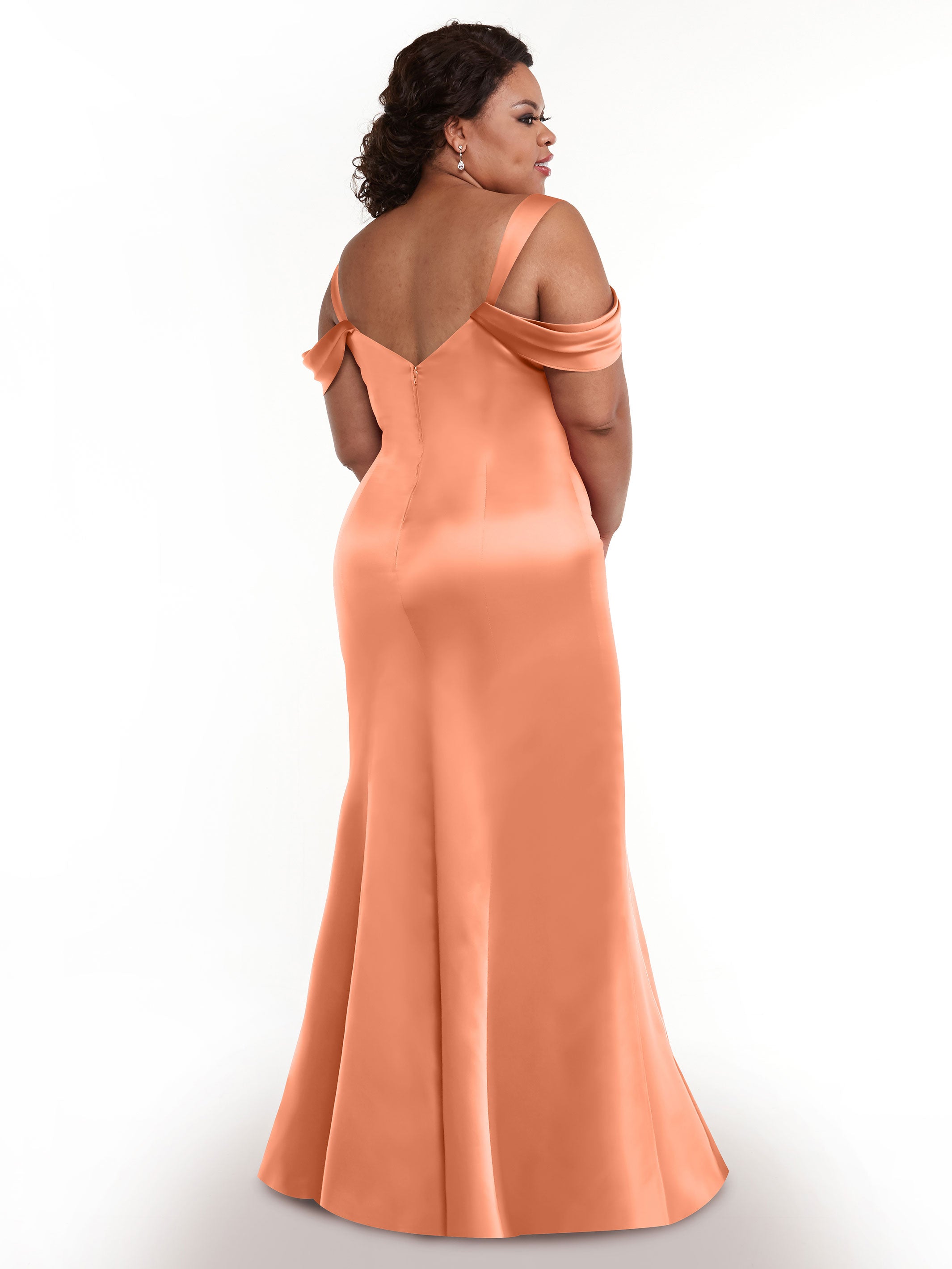 Elegant 80151 Fitted Satin Bridesmaid Dress with Off-The-Shoulder Sleeves - Perfect for Weddings, Formal Events & Special Occasions
