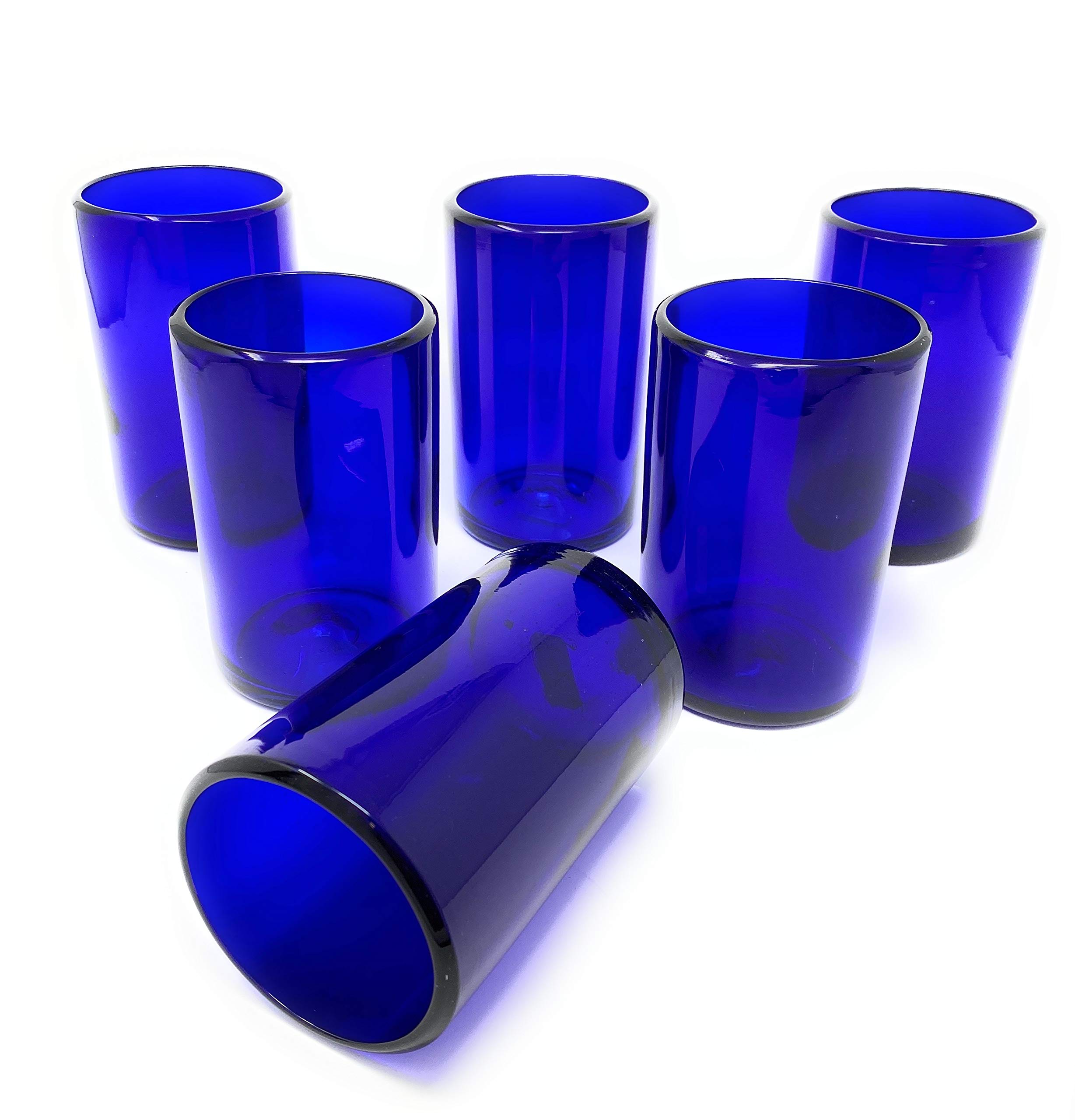 Hand Blown Mexican Drinking Glasses - Set of 6 Cobalt Blue Water Glasses (14 oz Each) - Perfect for Margaritas, Cocktails & Home Decor