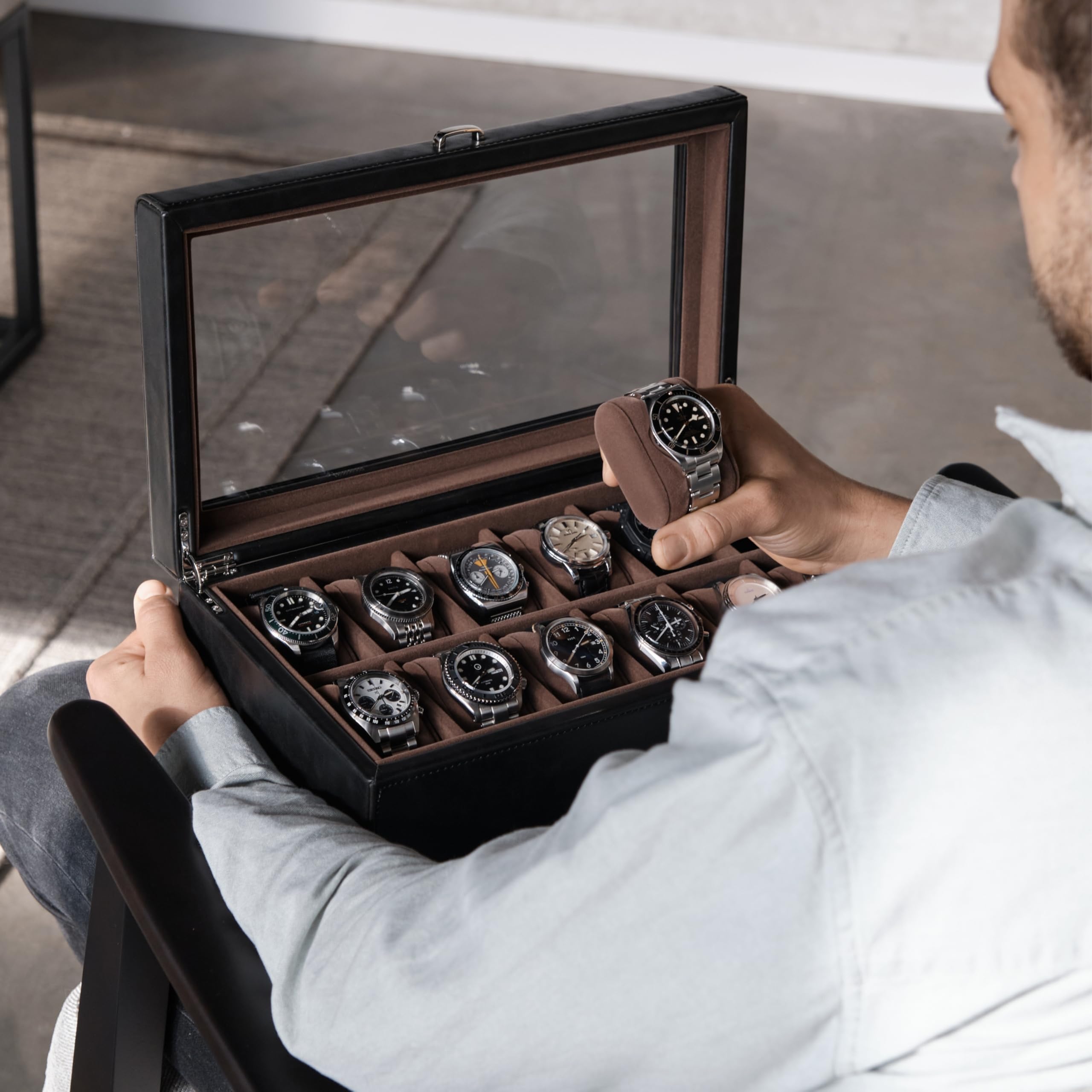 TAWBURY 12-Slot Watch Box for Men - Faux Leather Watch Storage Case | Perfect for Watch Collection & Display