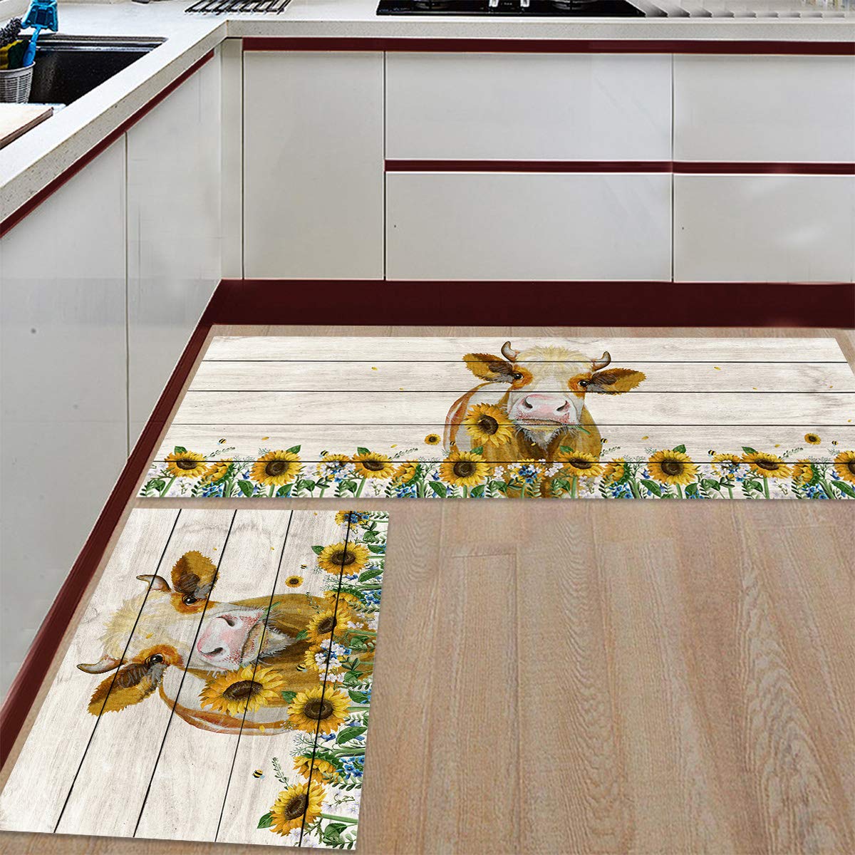 2-Pack Non-Slip Anti-Fatigue Kitchen Mats - Sunflower Cow Print Waterproof & Oil-Resistant Standing Mats for Comfort - Farmhouse Style Rustic Wood Design - Perfect for Kitchens, Laundry Rooms, and Standing Workstations