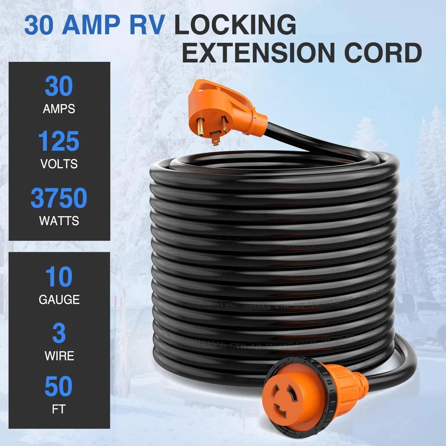 30 Amp RV 50FT Heavy Duty Locking Extension Cord with Power Grip Handle - Perfect for Camper, Trailer & Outdoor Power Supply