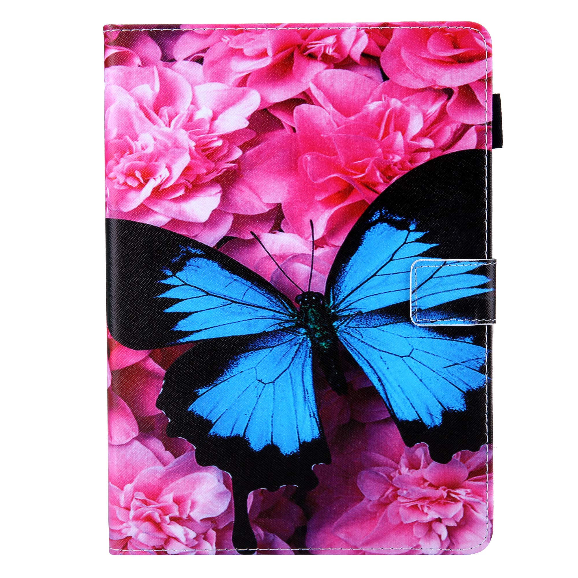Premium PU Leather Smart Case for Apple iPad 9.7 (2018/2017 iPad 6th/5th Gen, iPad Air 2/Air 1) - Auto Sleep/Wake, Pencil Holder & Stand - Blue Butterfly Flower Design - Perfect for Work, School & Travel