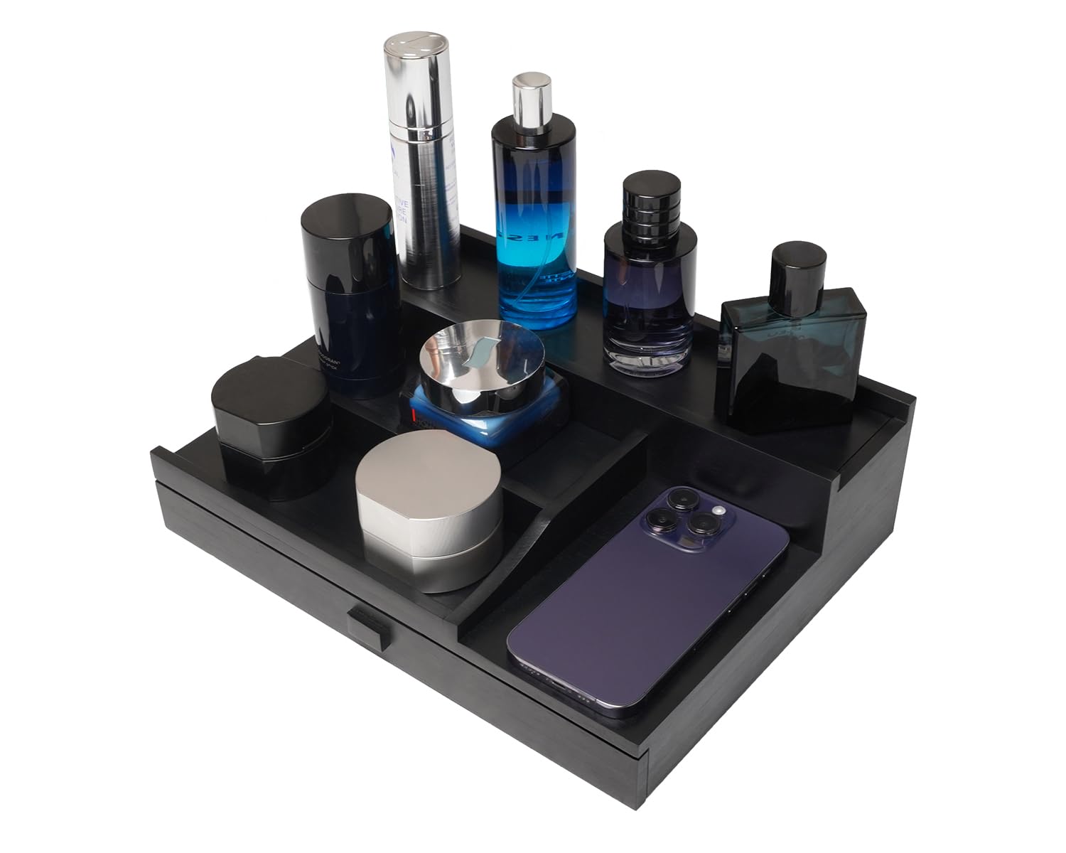 3-Tier Wooden Cologne Organizer for Men with Drawer & Hidden Compartments – Perfume Display Stand, Bathroom Countertop Shelf & Fragrance Holder – Perfect for Dresser, Vanity or Gift (Black)