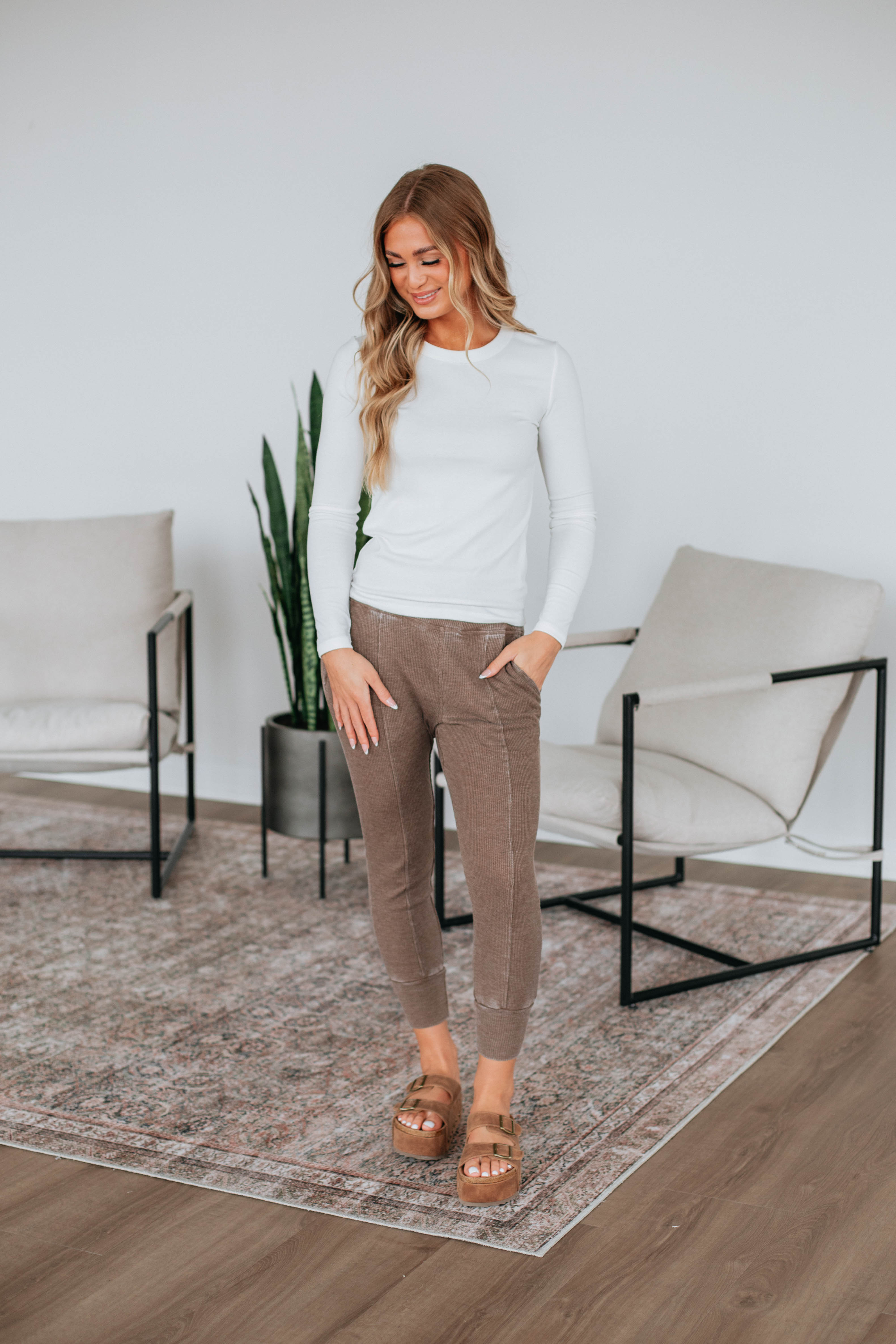 Go The Distance Joggers for Women - Soft High Waisted Lounge Pants with Pockets - Mocha Brown Athletic Yoga Pants for Running, Workout & Home Comfort