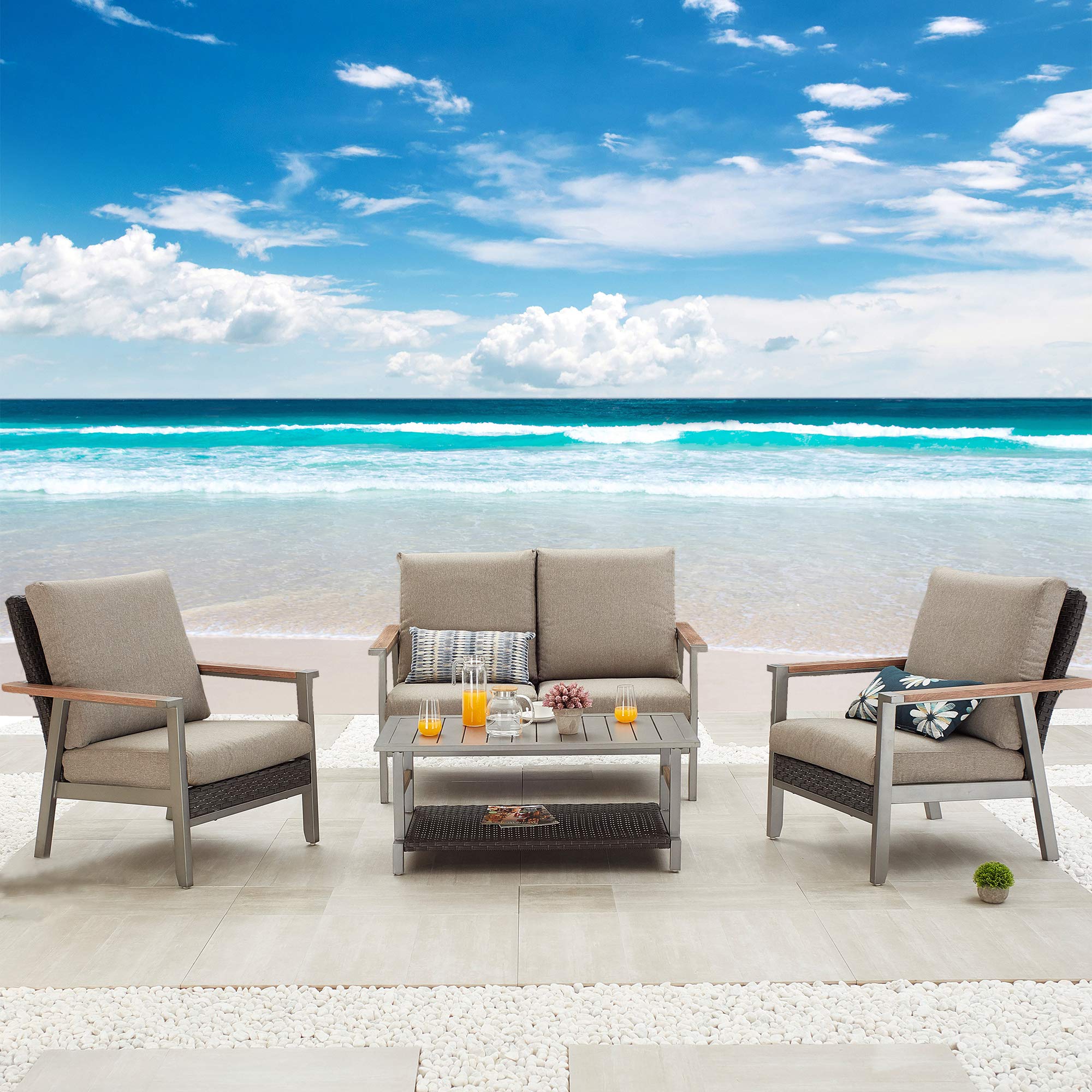 Festival Depot 4-Piece Outdoor Patio Conversation Set - Wicker Armchairs & Loveseat with Thick Cushions + Metal Frame Coffee Table - Grey Garden Furniture for Backyard, Poolside & Terrace Relaxation
