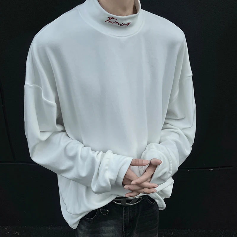 Men's Mock Neck Long Sleeve T-Shirt - Thick Letter Embroidery, Contrast Color Slim Fit Tee for Winter 2024 | Casual Wear, Office Outfits & Street Style Fashion