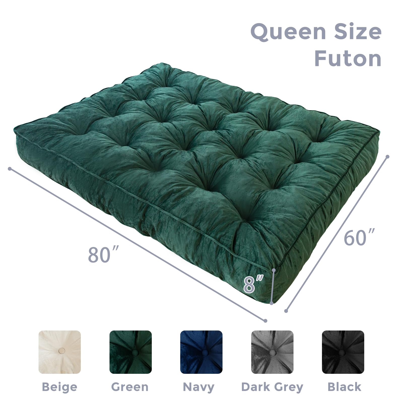 MAXYOYO 8-Inch Thick Velvet Tufted Futon Mattress for Sofa Bed - Green (Mattress Only) | Comfortable Sleeping Solution for Adults, Perfect for Small Apartments, Guest Rooms & Dorm Rooms
