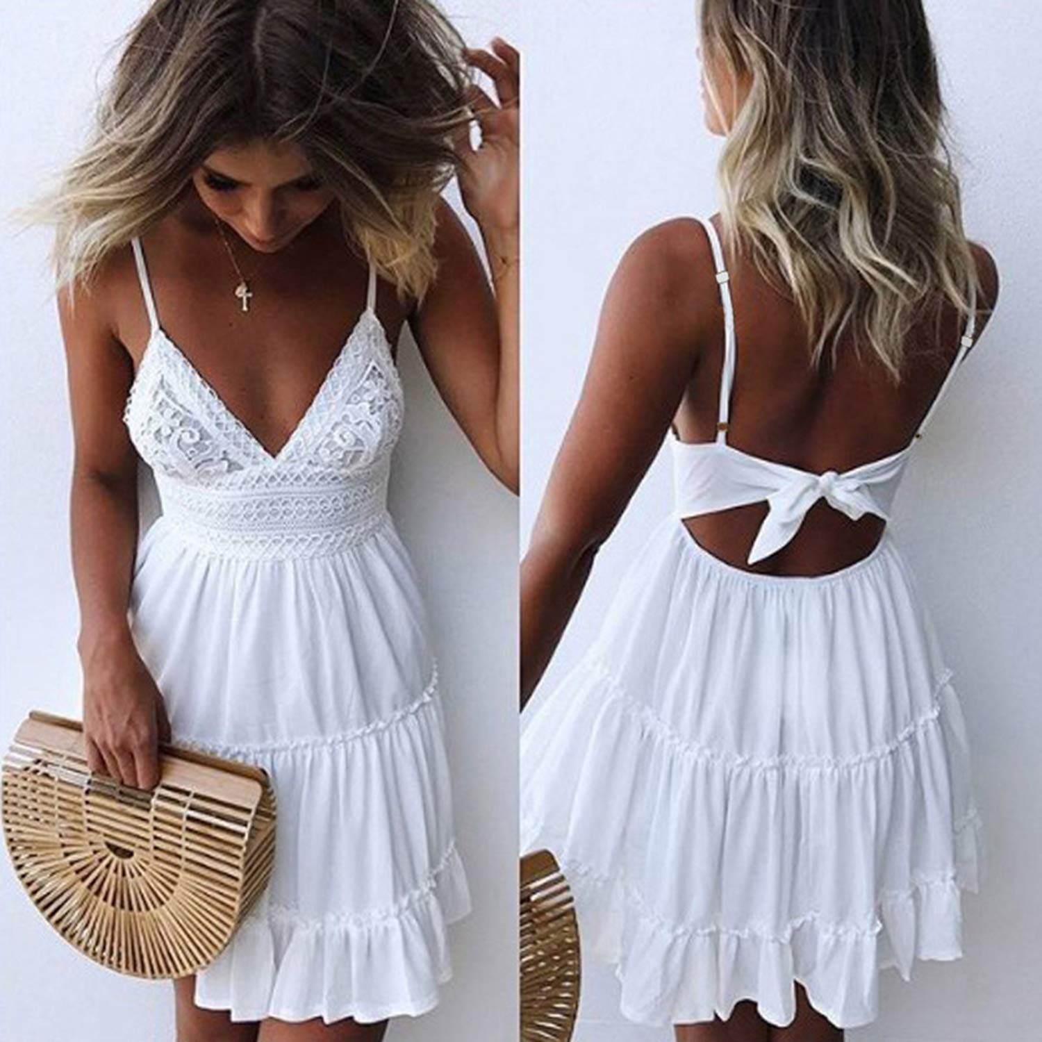 ECOWISH Women's Summer V-Neck Spaghetti Strap Backless Lace Mini Dress - Flowy Skater Style for Beach, Party & Date Night