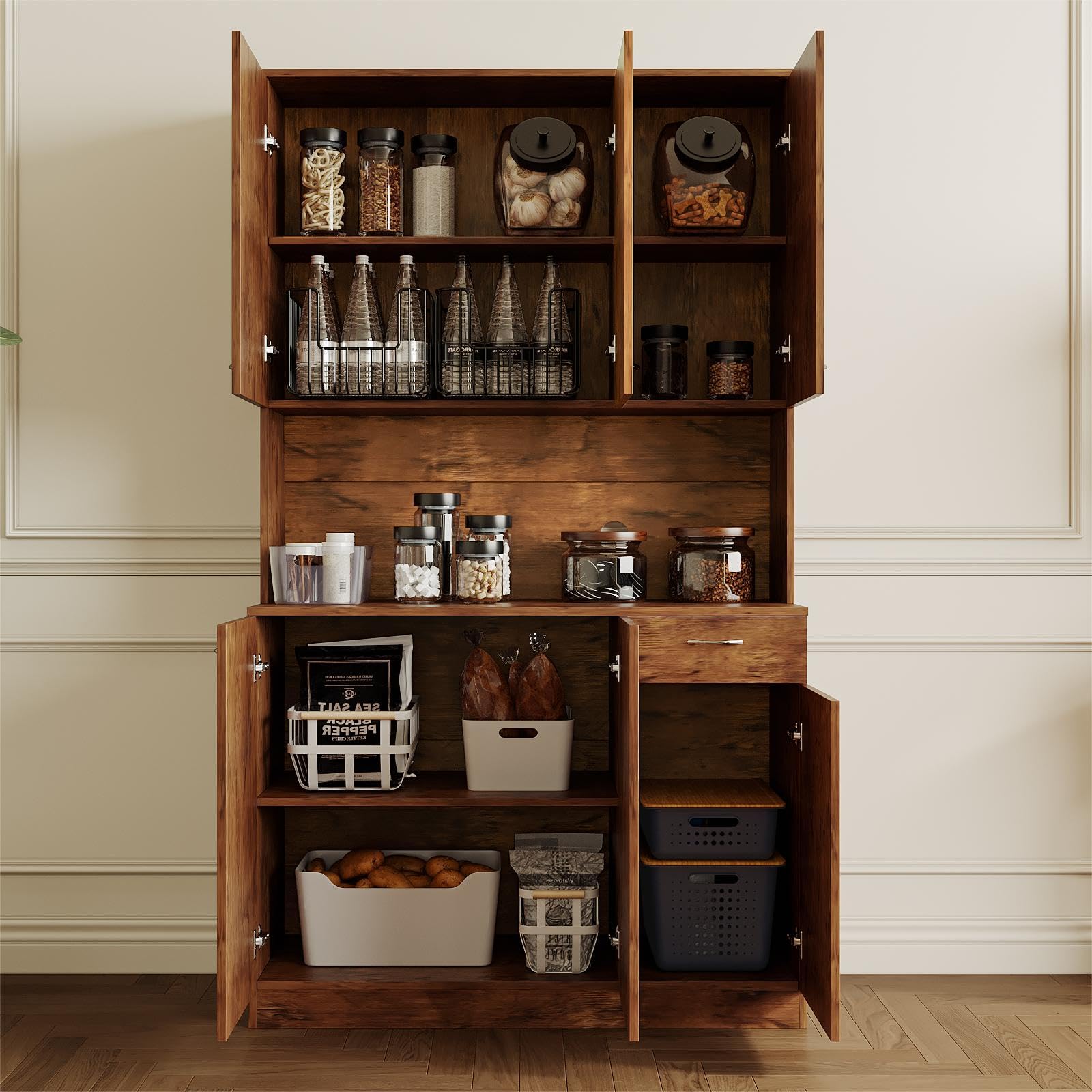 WERSMT Freestanding Kitchen Pantry Cabinet with Storage - Microwave Hutch, Buffet Cabinet, Tall Storage Unit with Door & Drawer in Walnut Finish | Perfect for Small Kitchens, Dining Rooms & Home Organization