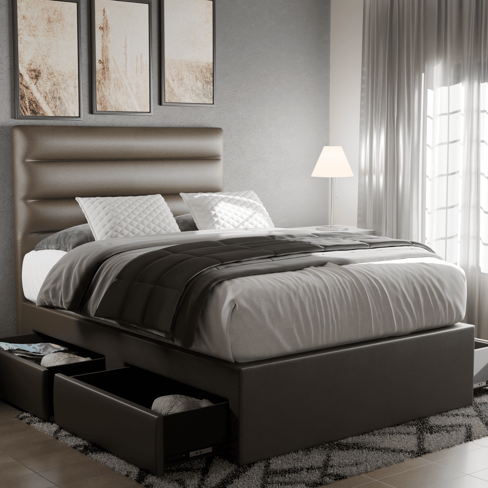 Keenan Faux Leather Drawer Storage Bed - Queen Size Platform Bed with Underbed Storage Drawers for Small Spaces | Perfect for Apartments, Dorms & Guest Rooms