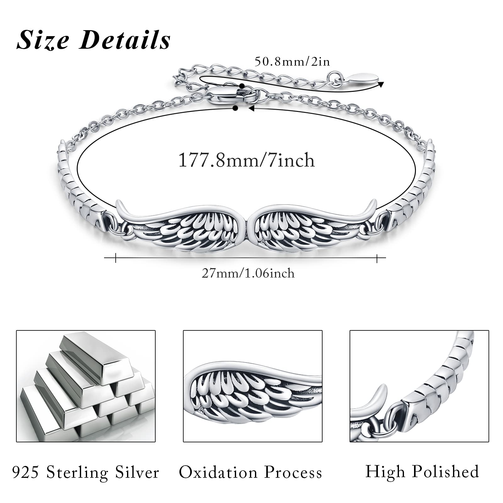 OHAYOO Angel Wings Bracelet - Vintage Sterling Silver Adjustable Bracelet for Women & Men - Inspirational Guardian Angel Bangle Jewelry Gift - Perfect for Everyday Wear, Special Occasions & Meaningful Gifts