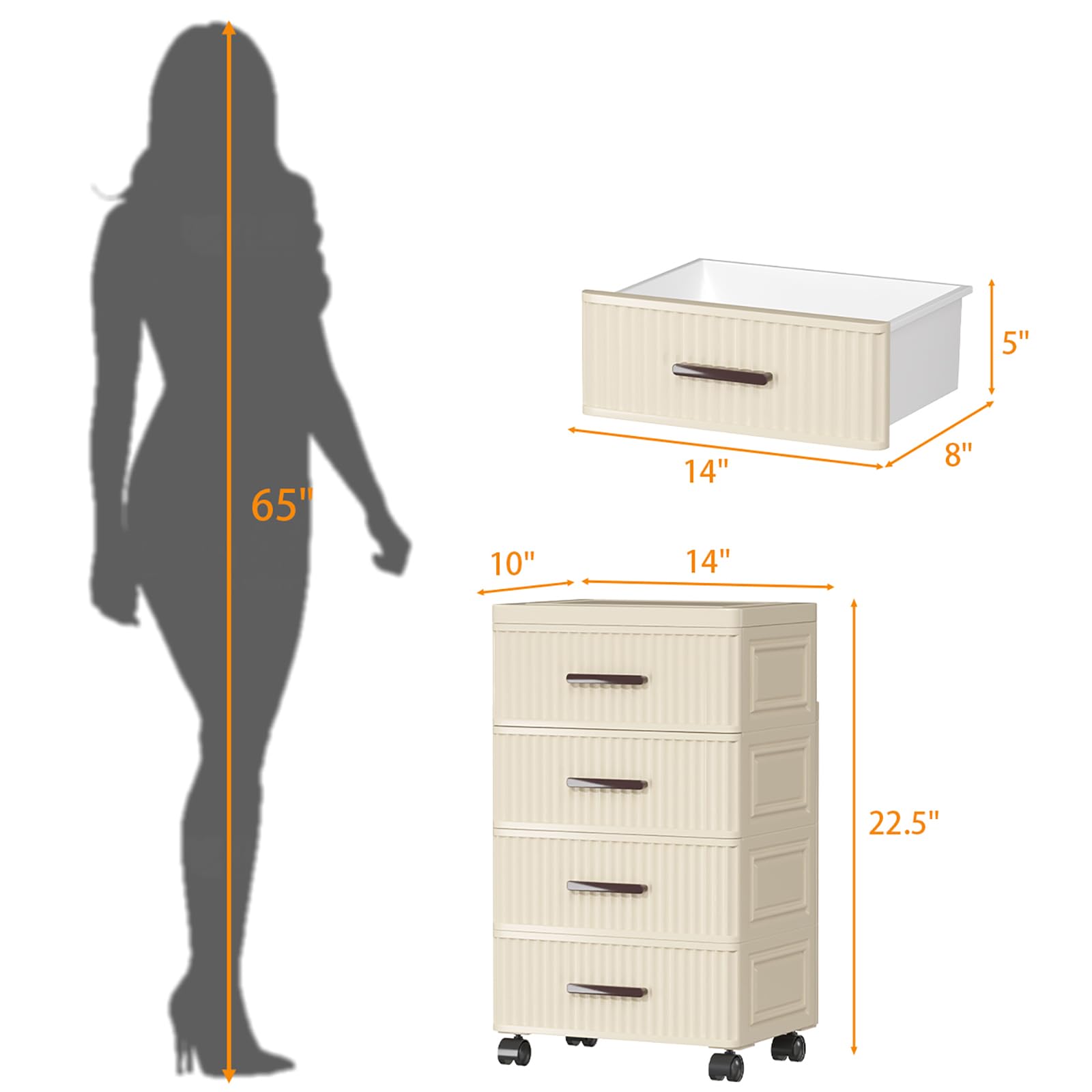 4 Tier Plastic Drawer Storage Organizer with Wheels - 14