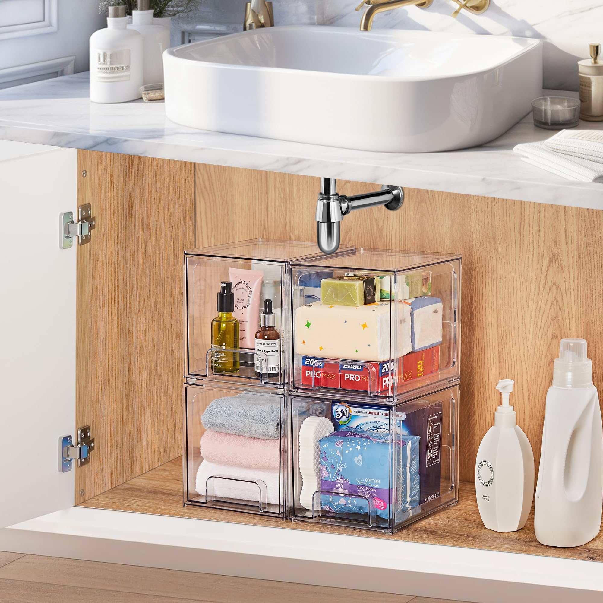 SMARTAKE 4-Pack Acrylic Makeup Organizer Drawers - Stackable Bathroom Storage for Vanity & Kitchen