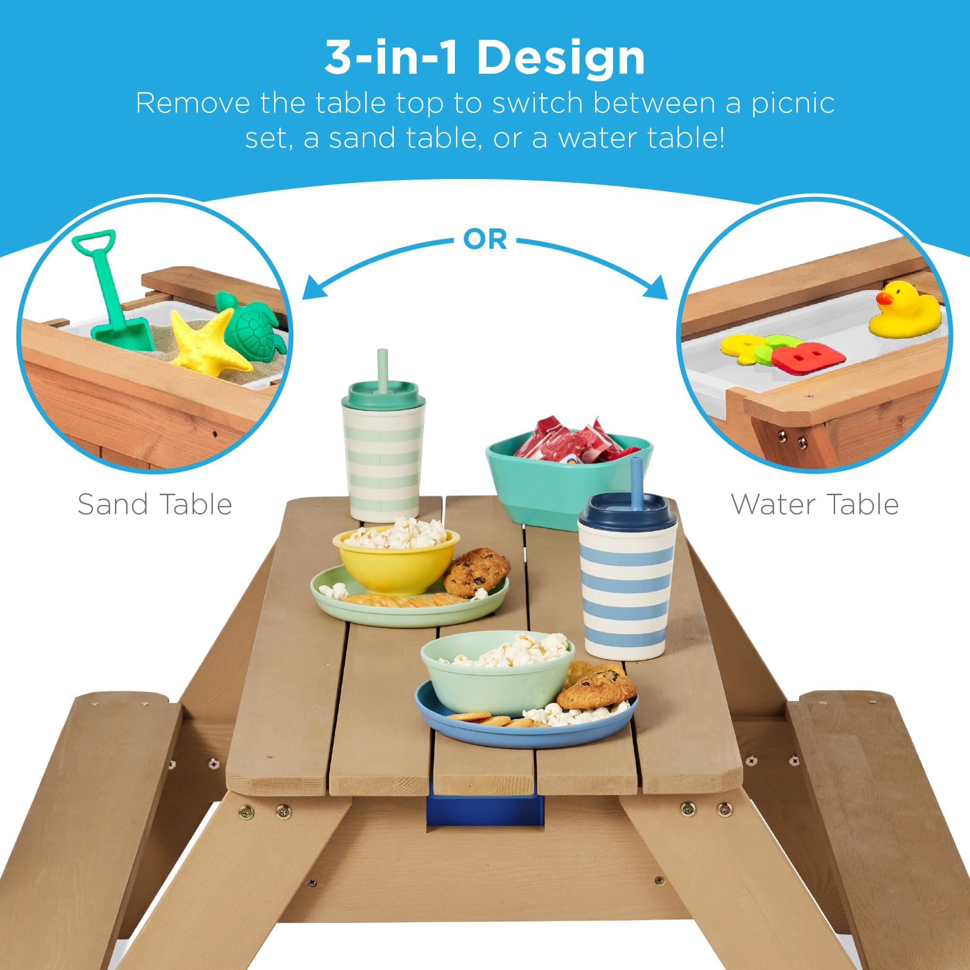 Best Choice Products Kids 3-in-1 Sand & Water Table - Outdoor Wooden Convertible Picnic Table with Umbrella, 2 Trays & Removable Top - 220lb Capacity Bench - Green | Perfect for Backyard Play, Beach Fun & Outdoor Dining