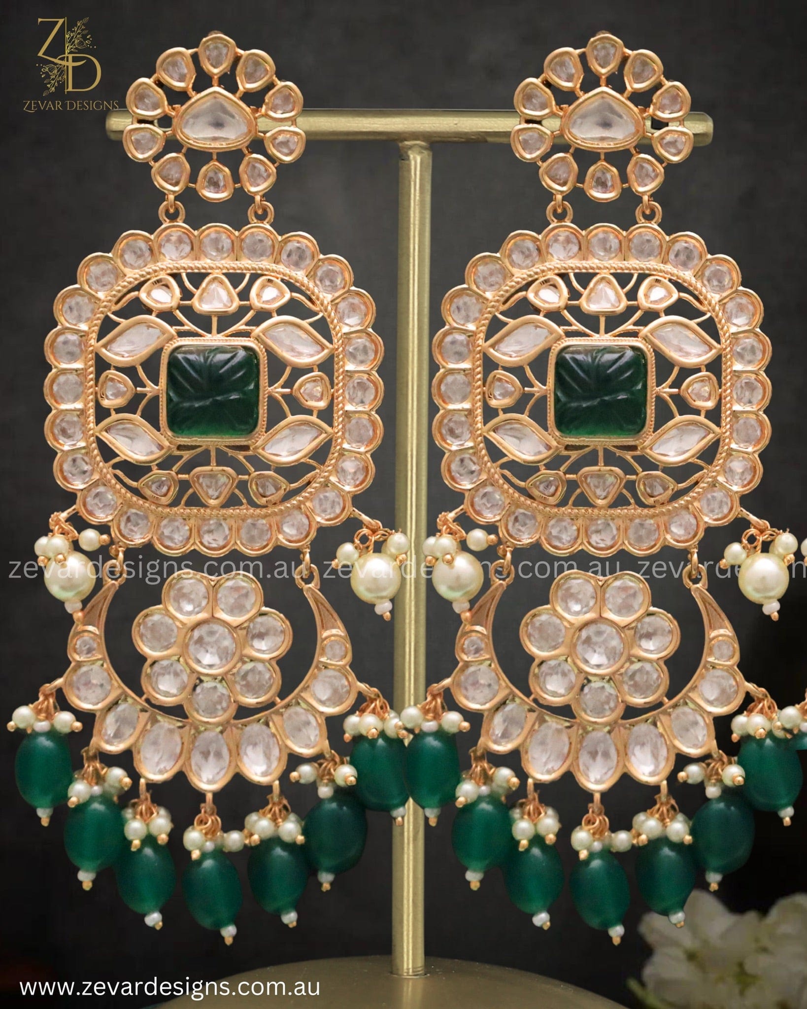 Kundan Polki Chandbali Earrings in Emerald Green – Traditional Indian Jewelry for Weddings, Parties & Festive Occasions
