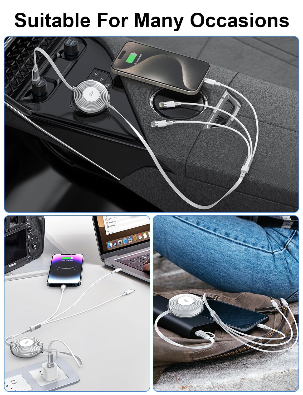 3-in-1 Retractable Charging Cable 100W Fast Charge - USB-C to Lightning/Type-C/Micro - Compatible with iPhone 15, Samsung Galaxy, MacBook, iPad Pro - Portable Travel Charger for Home, Office & Car Use
