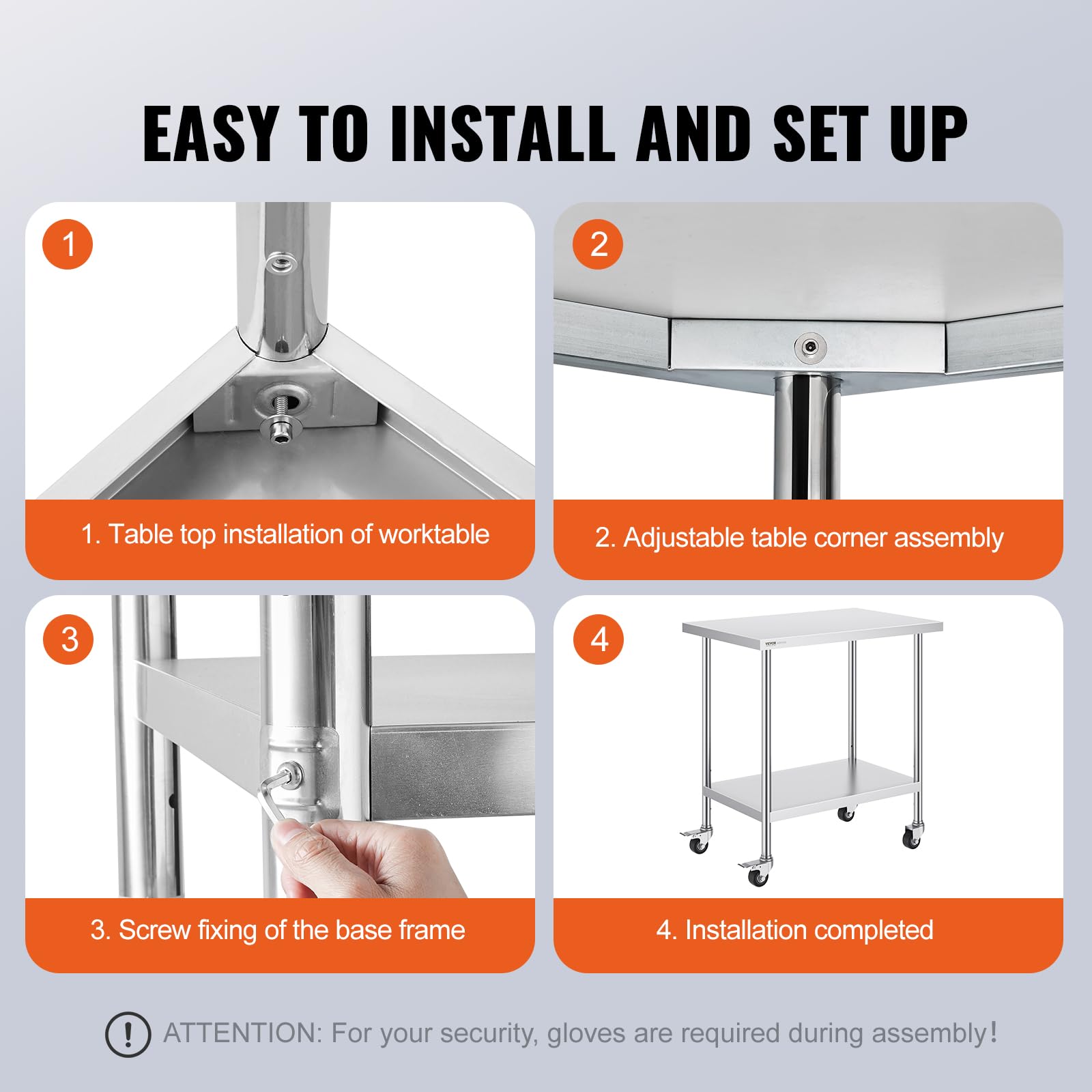 VEVOR 24 x 36 x 38 Inch Stainless Steel Commercial Work Table with 4 Wheels & 3 Adjustable Heights - Heavy Duty Food Prep Table for Restaurant Kitchen, Catering, Bakery - Silver (Ideal for Food Preparation, Buffet Serving, and Commercial Cooking)