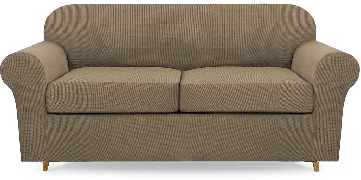 Lamberia Stretch Sofa Cover 3-Piece Set for 2 Cushion Couch & Loveseat - Thick Washable Plush Jacquard Slipcover - Furniture Protector for Pets, Kids & Dogs - Perfect for Living Room, Family Room & Home Decor