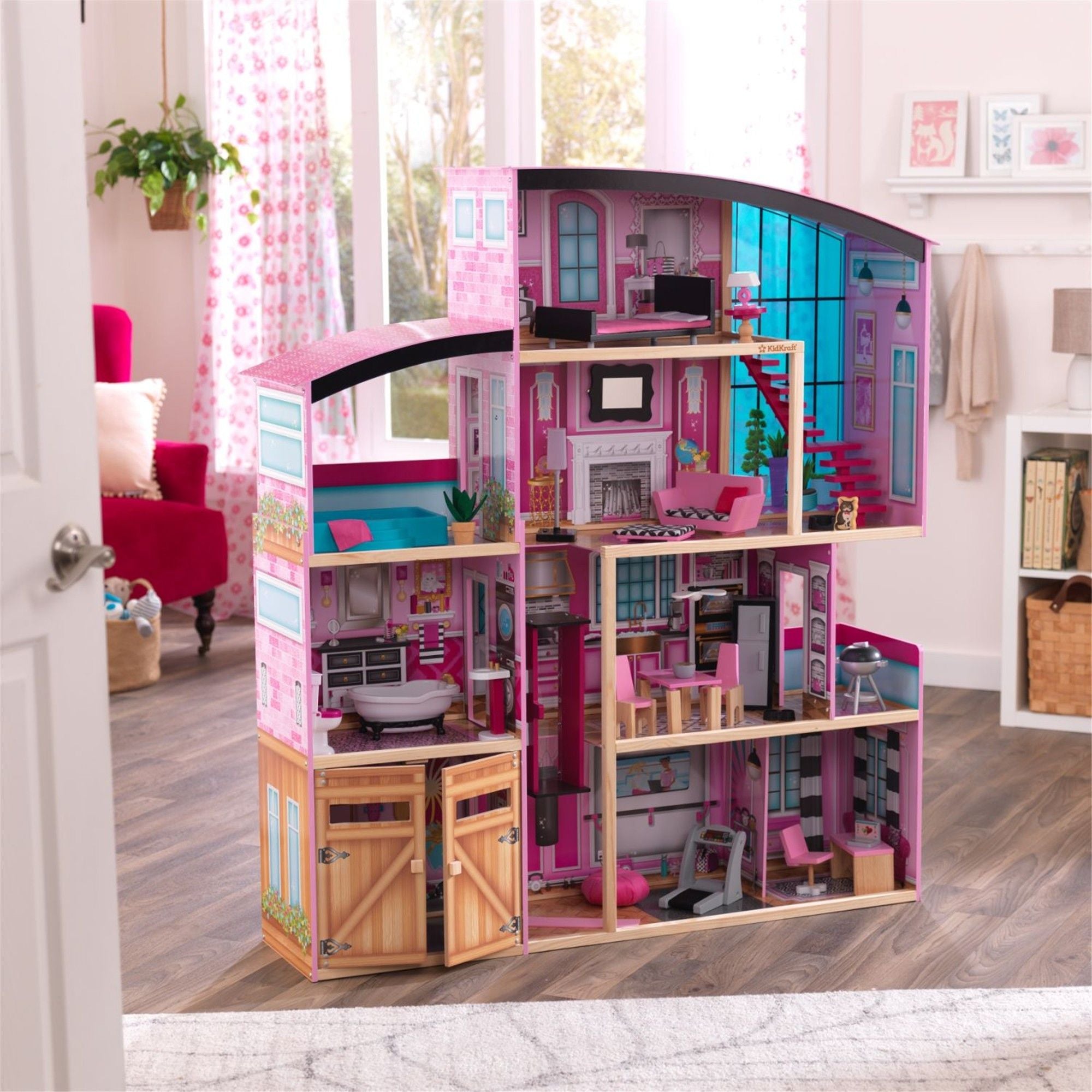 KidKraft Shimmer Mansion Dollhouse - Large Wooden Doll House with Elevator & Furniture for Girls Ages 3+ | Perfect for Imaginative Play, Birthday Gifts & Room Decor
