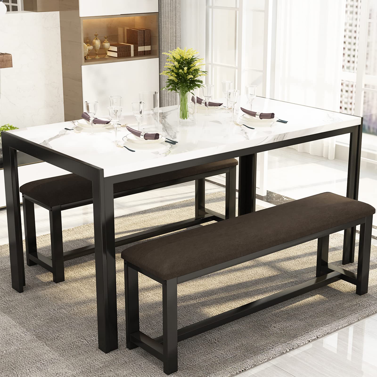 **DKLGG 4-Piece Faux Marble Dining Table Set with 2 PU Leather Benches - Modern Kitchen & Dining Room Table for Small Spaces | Perfect for Family Meals & Entertaining Guests**