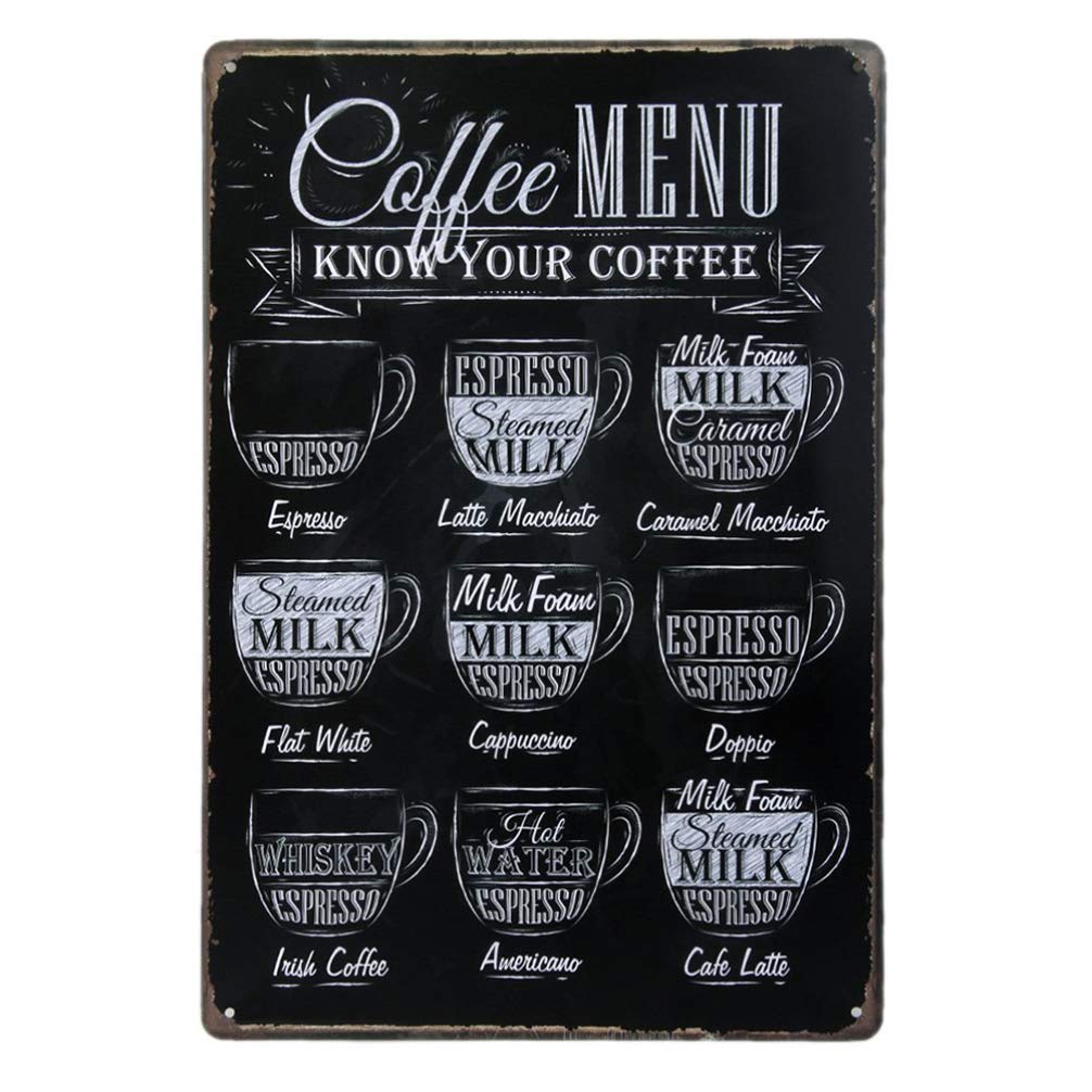 VICASKY Vintage Coffee Menu Metal Tin Sign - Latte, Espresso, Cappuccino Wall Art for Cafe, Bar, Pub, Home & Kitchen Decor | Perfect for Coffee Shop Theme & Retro Interior Design