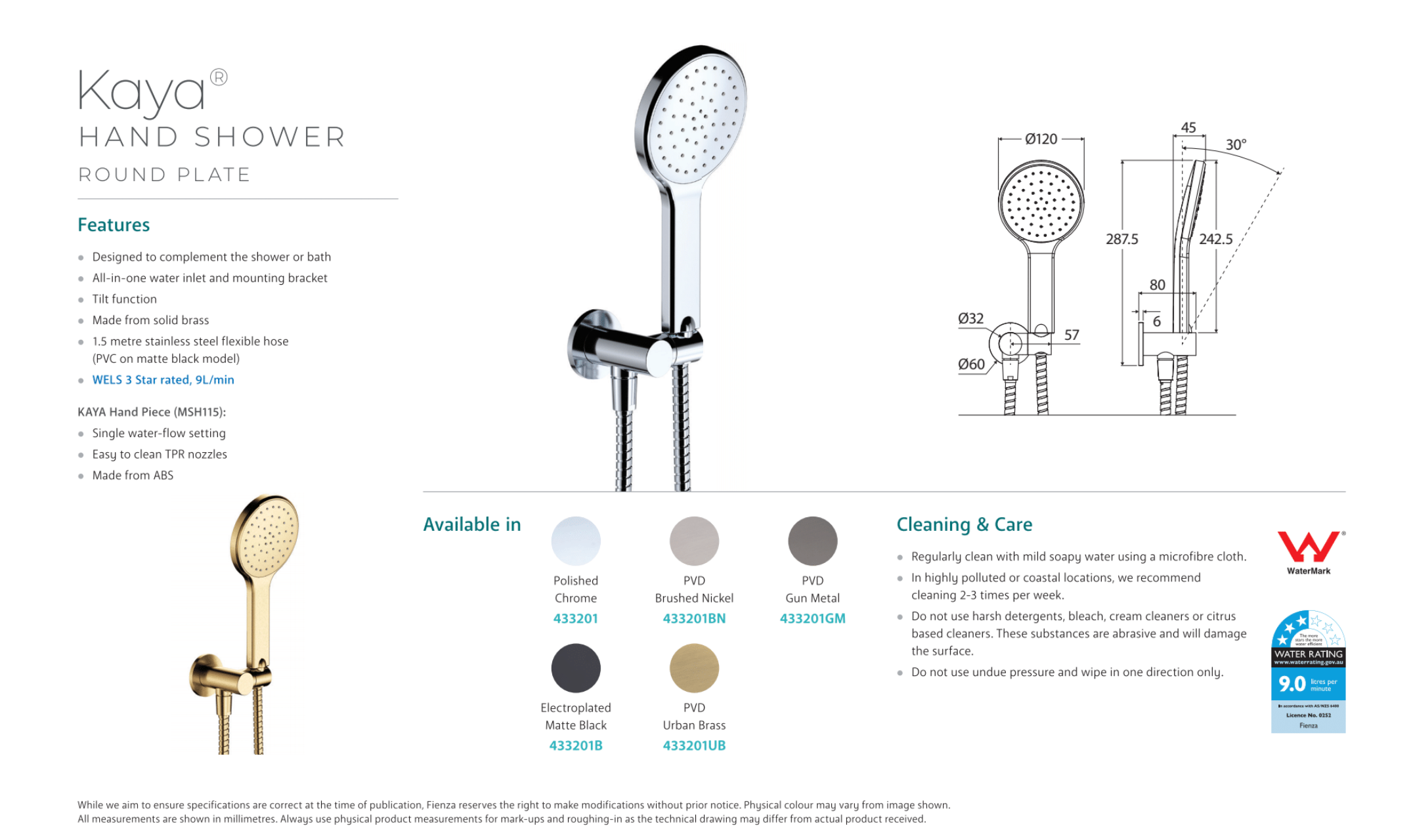 Fienza Kaya Hand Shower - Brushed Nickel Finish - Adjustable Spray Settings for Bathroom, Spa & Pet Grooming