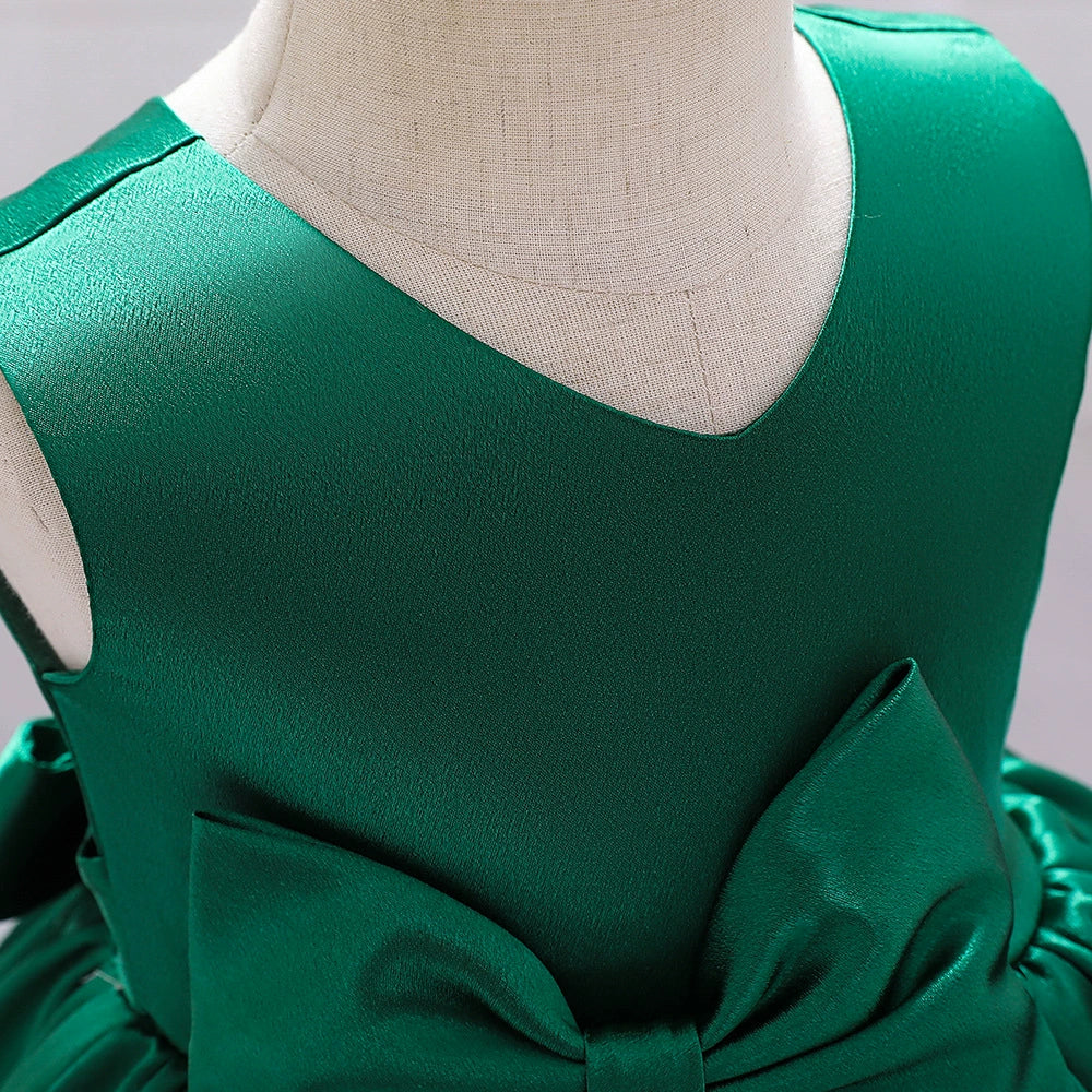 Green Princess Round Tea Length Satin Flower Girl Dress for Weddings & Special Occasions