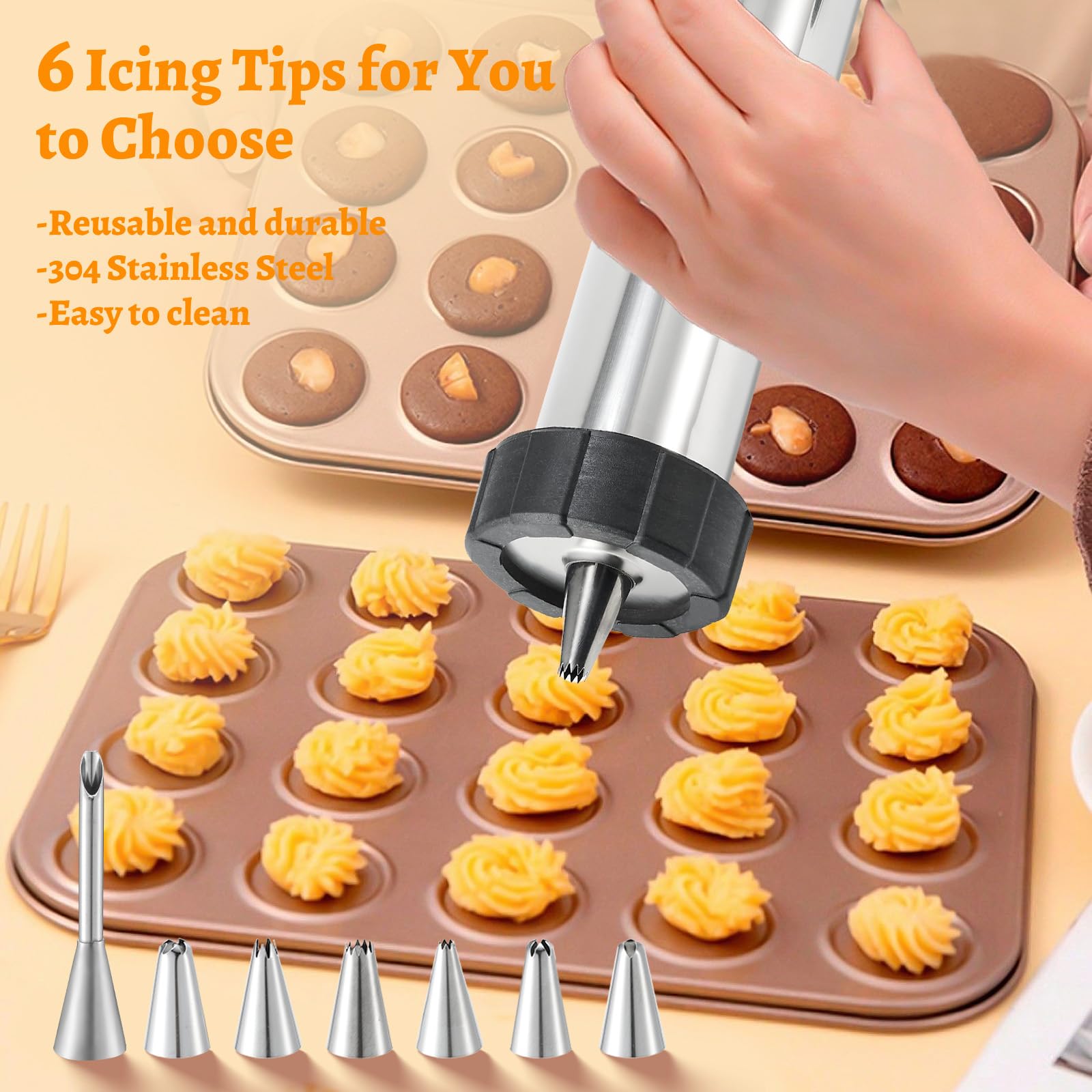 Stainless Steel Churro Maker Kit with 4 Hollow Churro Discs, 5 Cookie Discs & 6 Icing Nozzles - Includes Piping Bags, 2 Cleaning Brushes & Cookie Press for Donuts - Perfect for Home Baking, Parties & Dessert Making