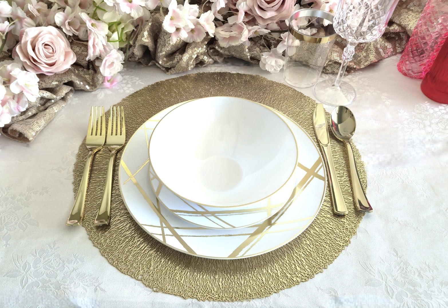 120-Piece Pressed Vinyl Metallic Placemats Set - Elegant Gold & Reef Wedding Table Decor for Reception, Party, and Special Events