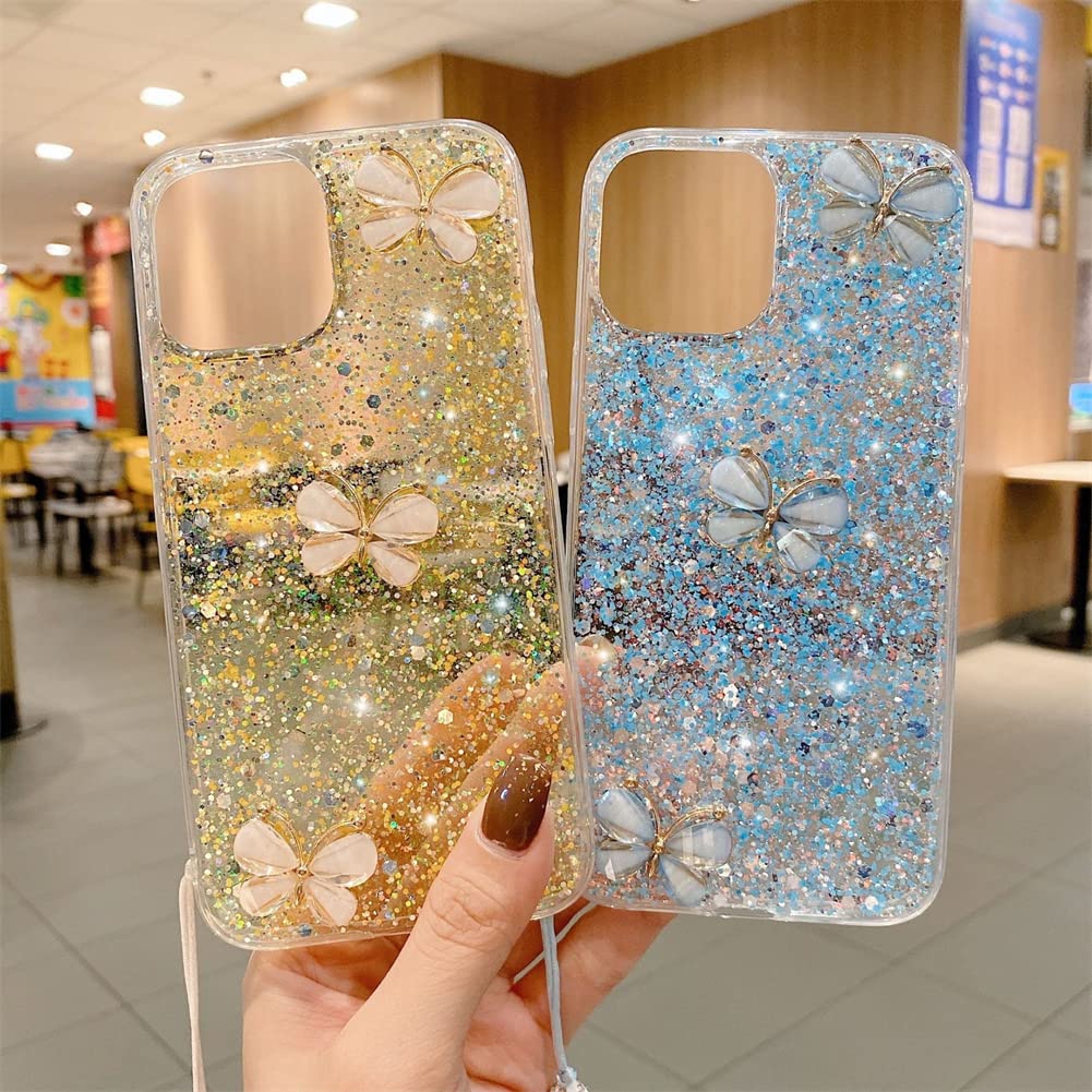 **3D Crystal Glitter Butterfly Phone Case for Samsung Galaxy A21s - Clear Soft TPU Shockproof Cover with Diamond Wrist Strap, Transparent Protective Case for Women & Girls (Pink) - Perfect for Everyday Use, Parties & Gifts**
