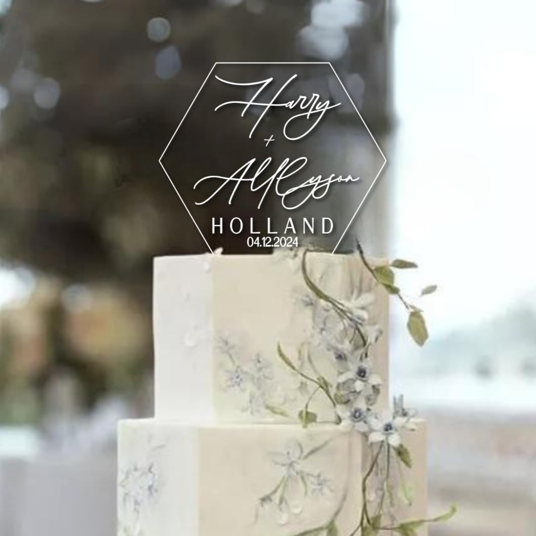 Custom Personalized Acrylic Wedding Cake Topper with Names - Hexagonal Design with Leaf Accents - Perfect for Wedding Cakes, Anniversary Cakes & Special Occasions