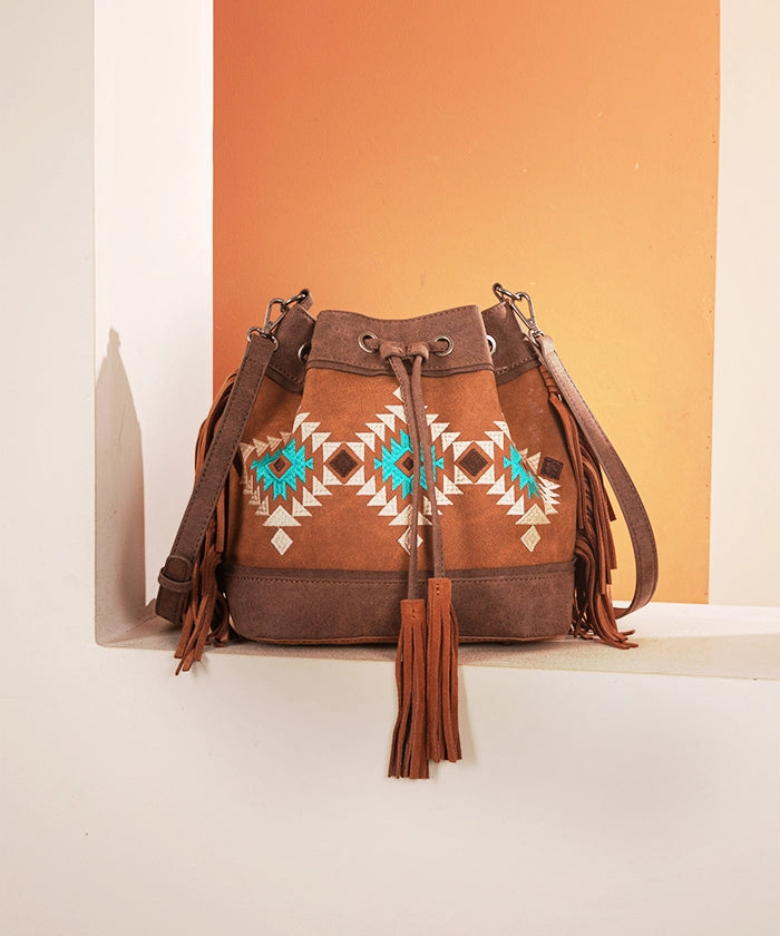 Montana West Aztec Fringe Bucket Bag Set for Women - Stylish Leather Crossbody Purse with Adjustable Strap, Perfect for Travel, Shopping & Everyday Use