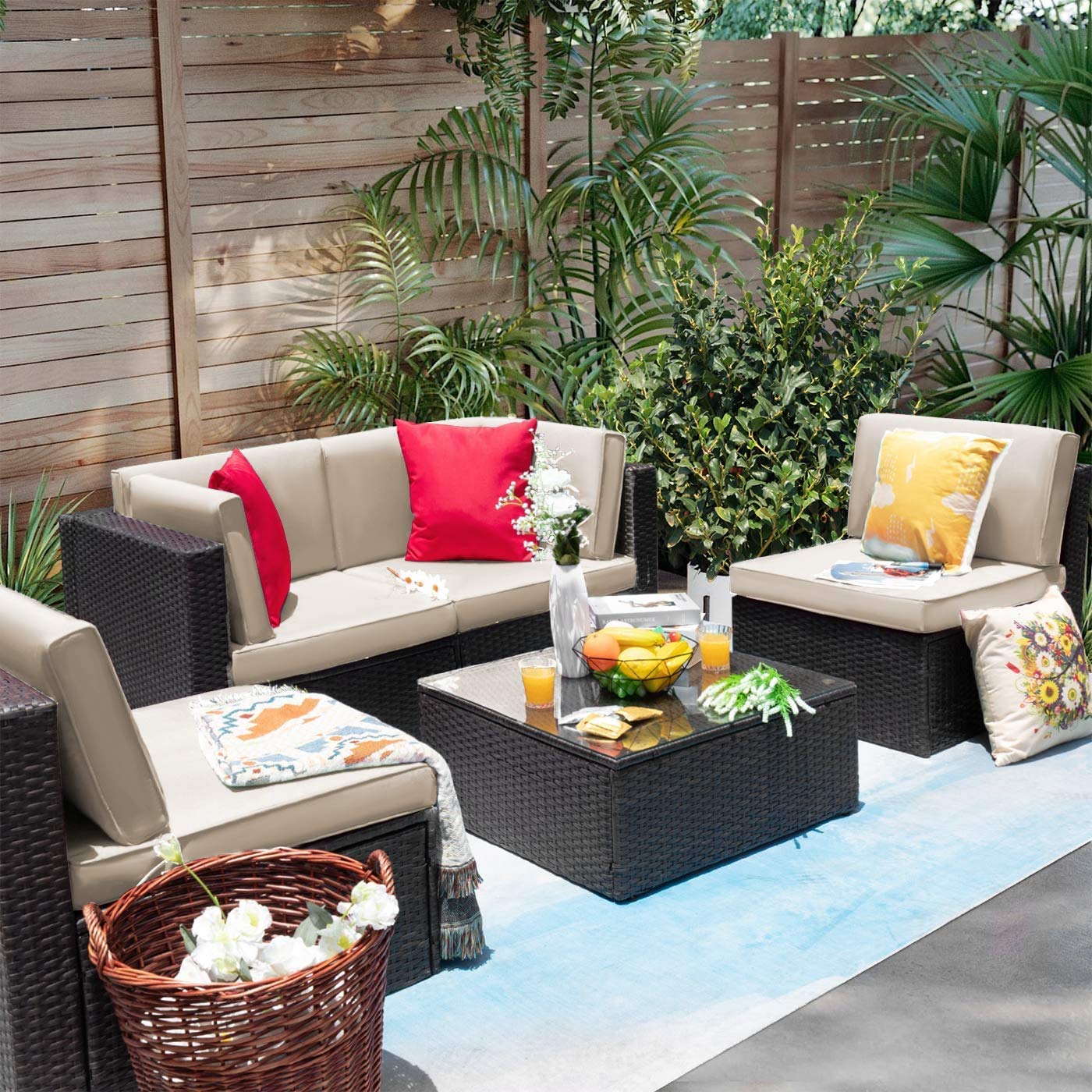 5-Piece Outdoor Patio Furniture Set - Wicker Rattan Sectional Sofa with Cushions & Glass Table - Beige Conversation Set for Backyard, Garden, Poolside & Deck Relaxation