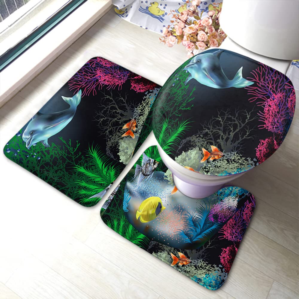 WONDERTIFY Non-Slip Bathroom Rug Set - 3 Piece Ocean Theme (Bath Mat, Contour Mat & Toilet Lid Cover) with Dolphin, Coral & Fish Design | Waterproof, Soft & Safe for Kids & Adults | Perfect for Beach House, Coastal Decor or Nautical Bathroom