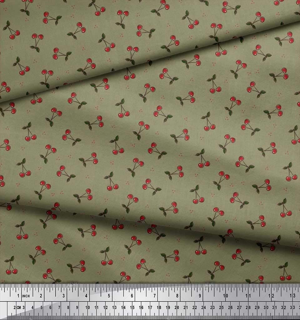 Soimoi 100% Cotton Canvas Fabric by The Yard - 42 Inch Wide Green Dot Leaves & Cherry Fruits Print Material for DIY Crafts, Home Decor, and Upholstery - Perfect for Sewing, Quilting, and Fashion Projects